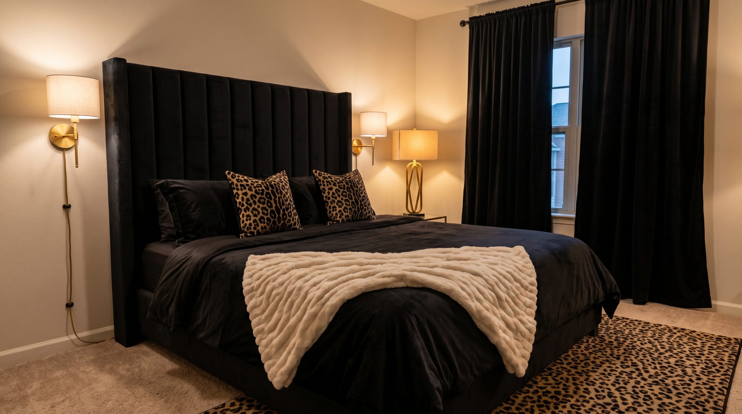 Small rental bedroom styled in the mob wife aesthetic with tufted black velvet headboard, black velvet duvet, ivory faux fur throw, leopard pillows, gold plug-in sconces, and leopard area rug