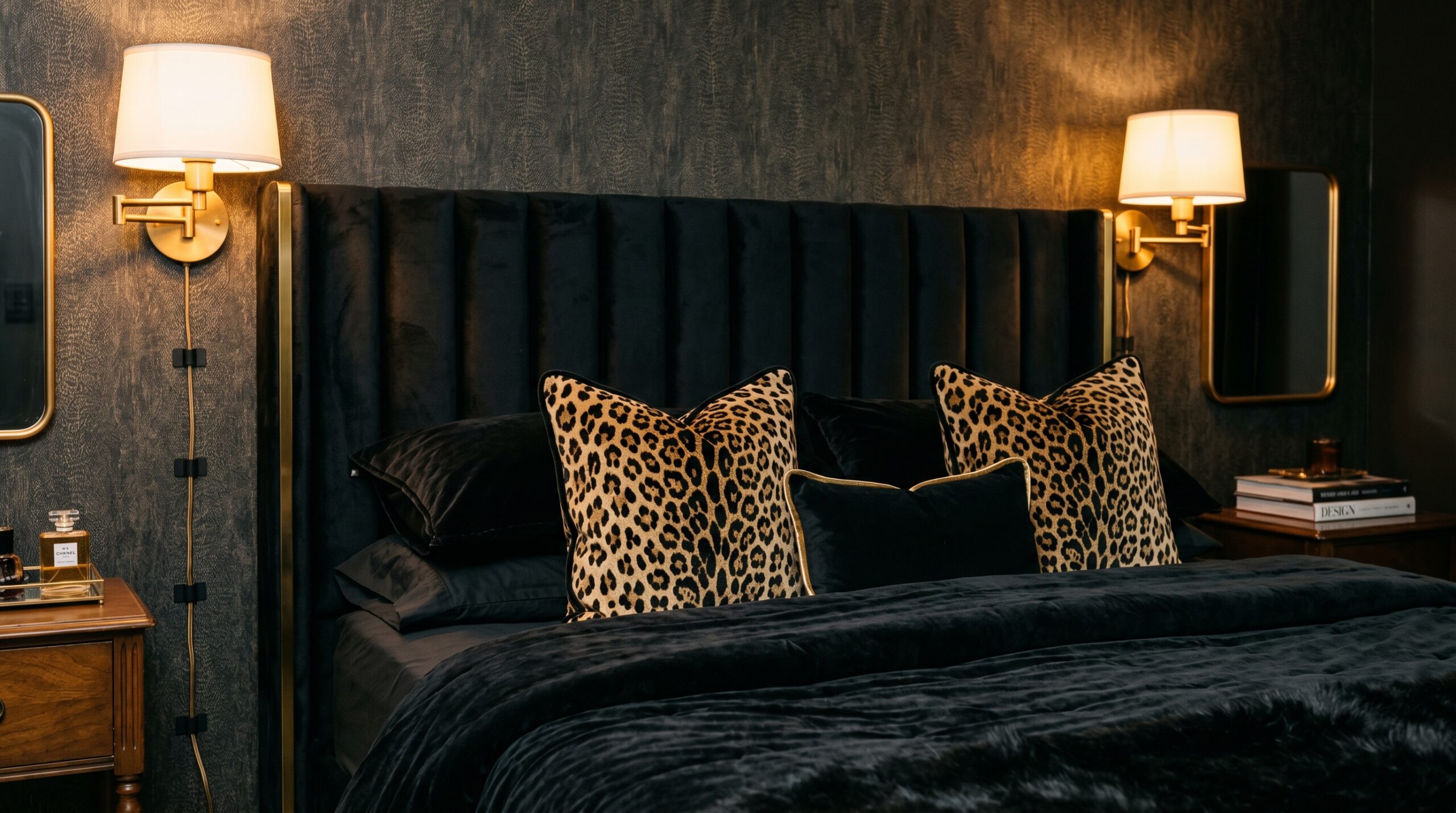 Close-up of tufted black velvet queen headboard with vertical channel tufting paired with black velvet duvet, leopard velvet pillow covers, and gold plug-in brass wall sconces flanking the bed