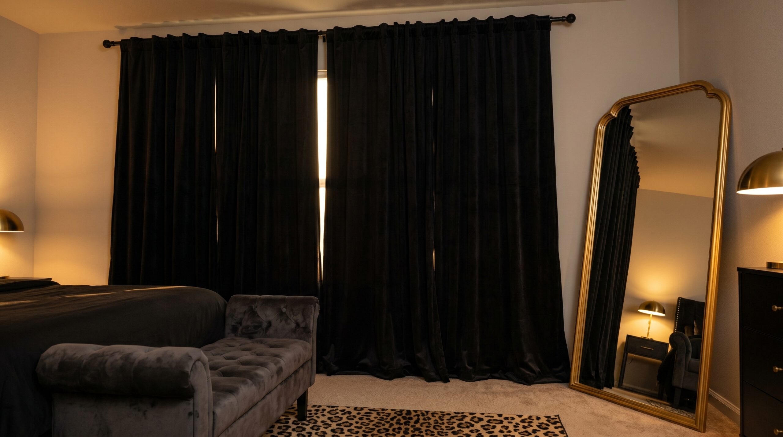 Window zone of a mob wife aesthetic bedroom with matte black velvet blackout curtains hung high from a tension rod, gold arched leaning floor mirror, dark gray tufted velvet bench, and leopard print area rug
