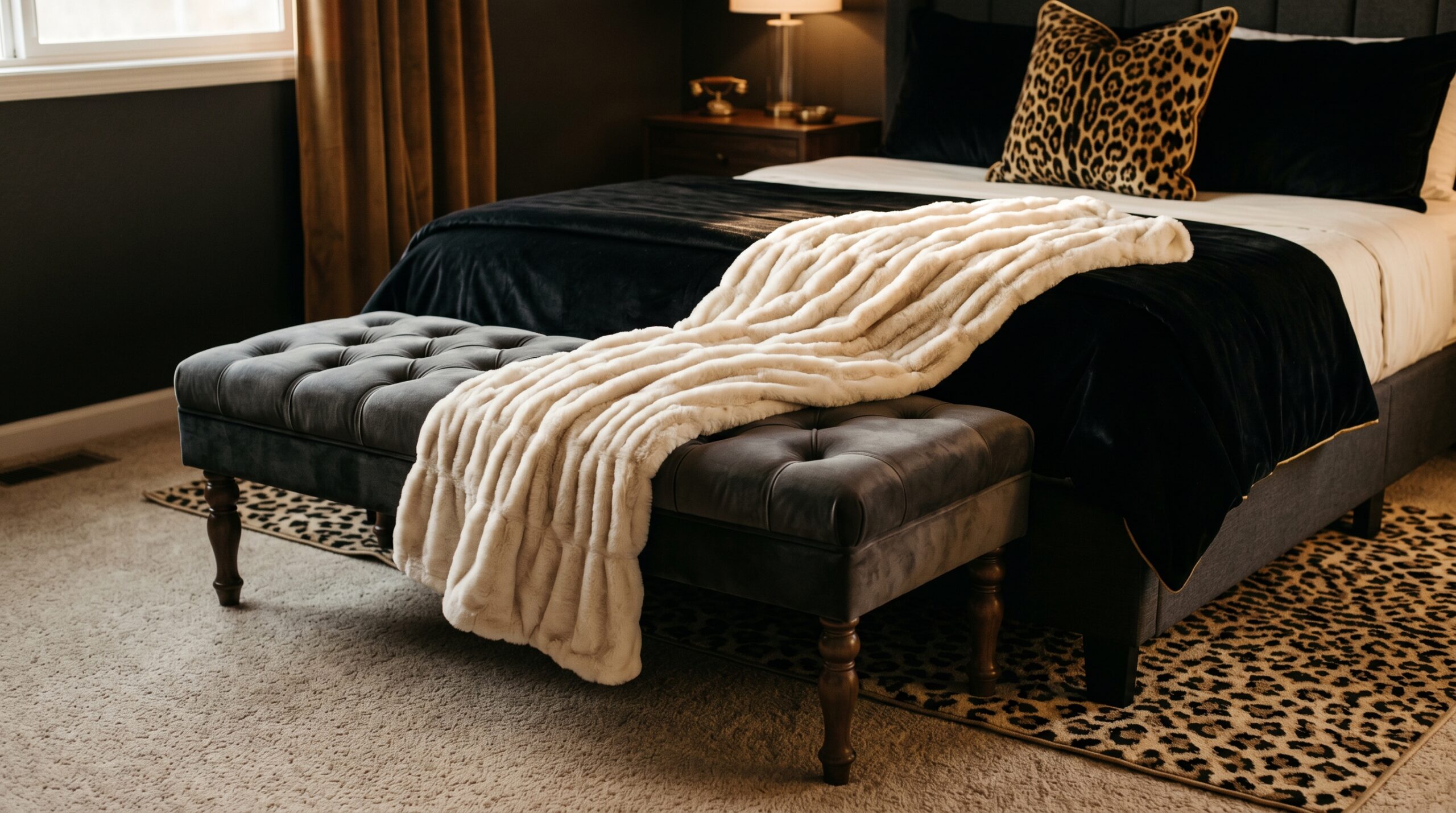 Dark gray tufted velvet end-of-bed bench at the foot of a queen bed with an ivory ruched faux fur throw draped at a diagonal across the bench, leopard area rug visible alongside