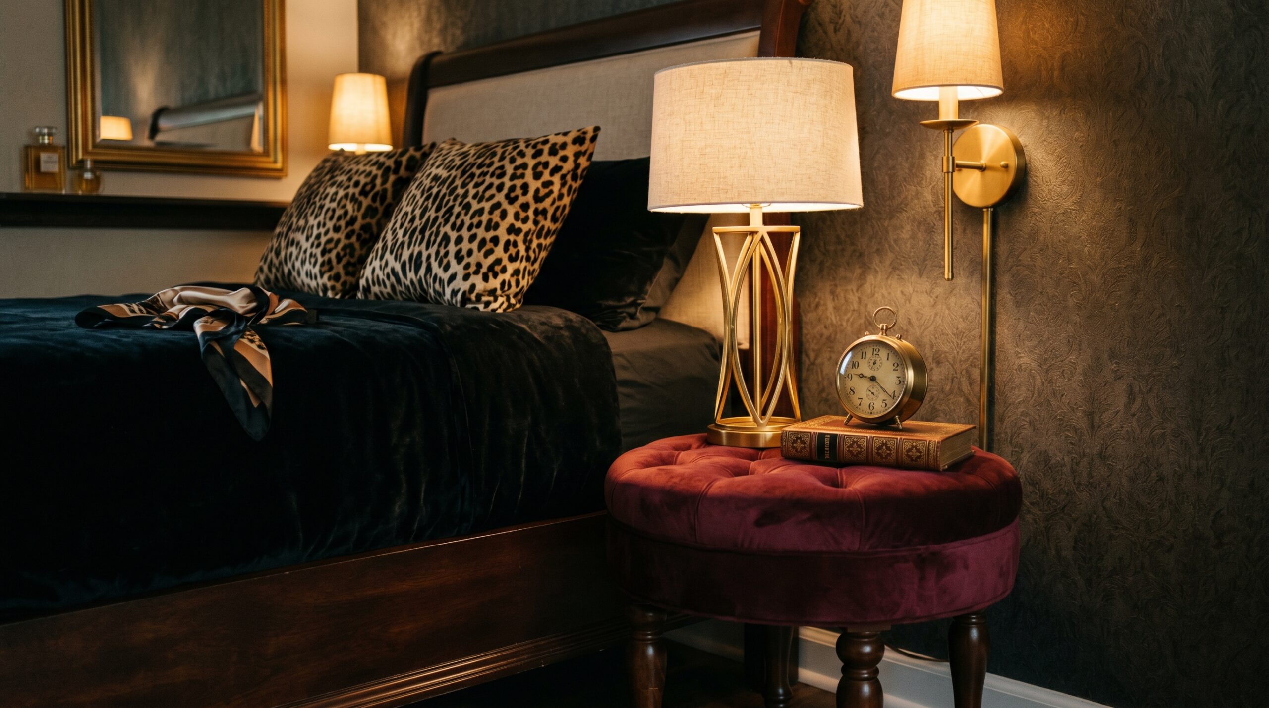 Bedside zone of a small mob wife bedroom with a burgundy velvet tufted ottoman used as nightstand, tall gold table lamp with sculptural open base and oatmeal rectangular shade, brass plug-in wall sconce above