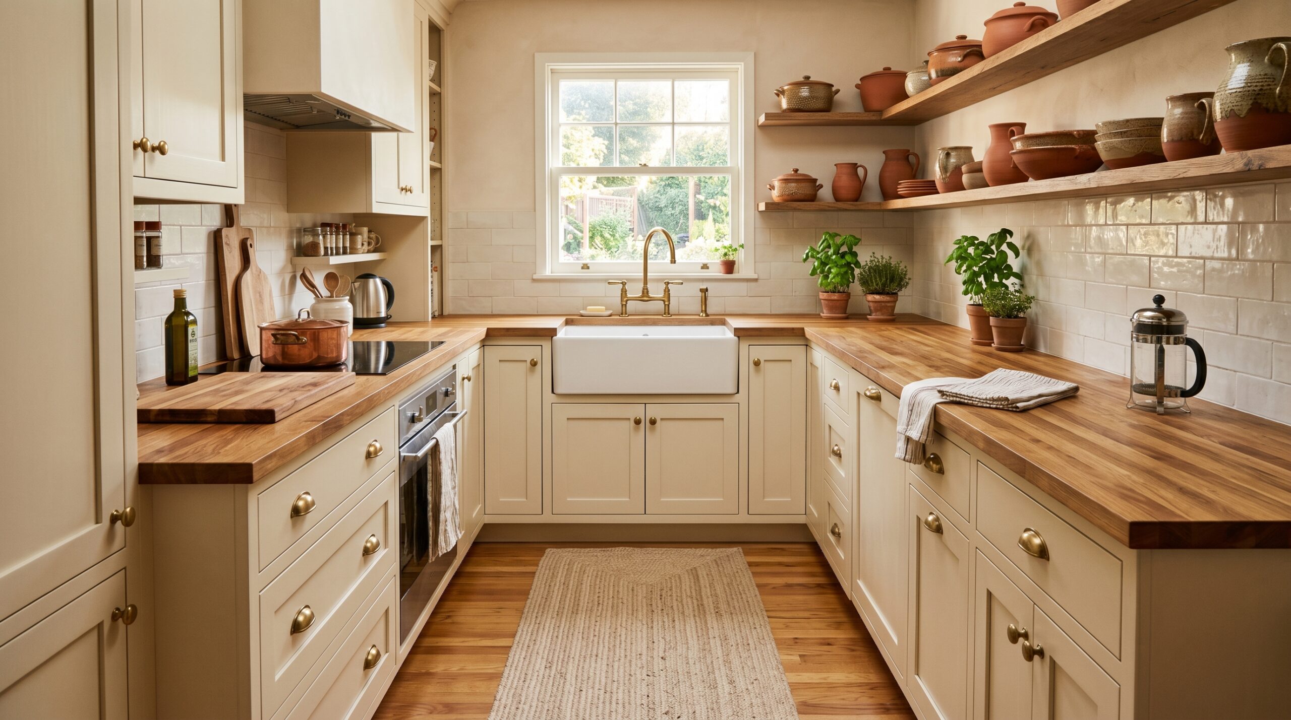 Small galley kitchen with a long beige braided washable runner rug in front of a white farmhouse sink, cream cabinetry and warm wood floor