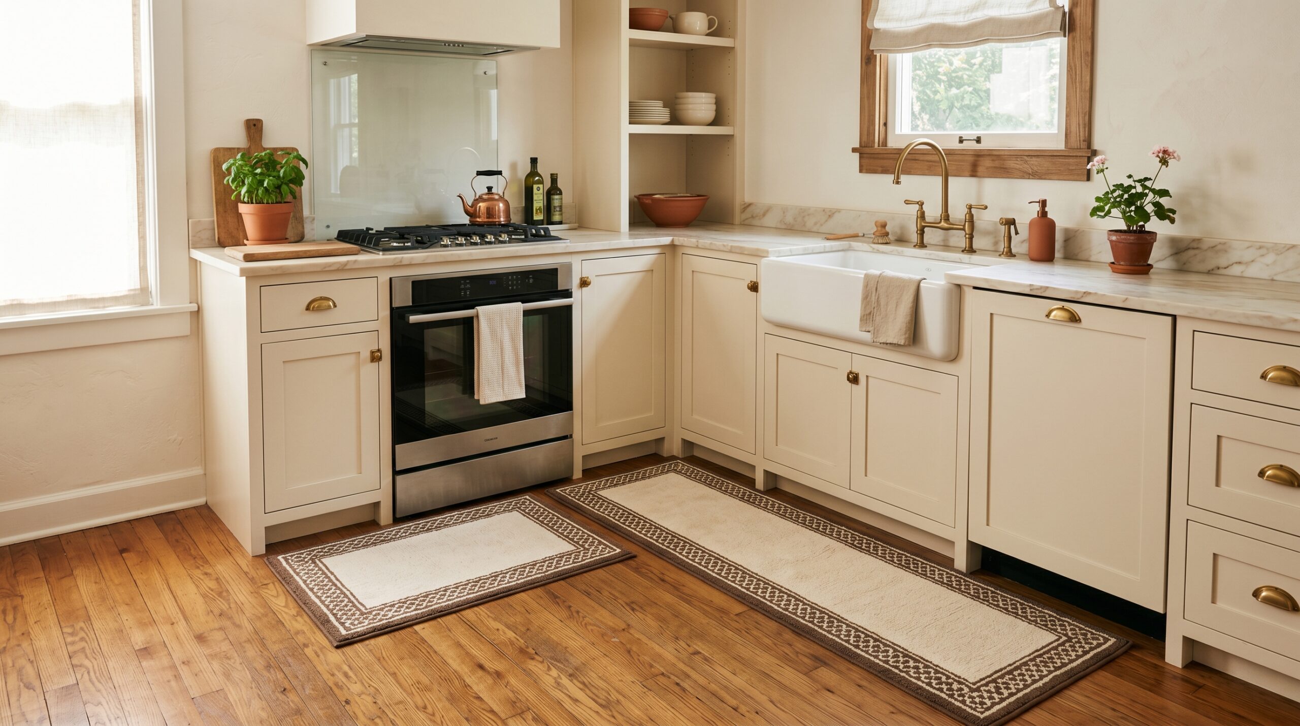 Small kitchen with a matched coffee-brown border 2-piece rug set: shorter rectangular rug at the stove and a longer matching runner at the sink
