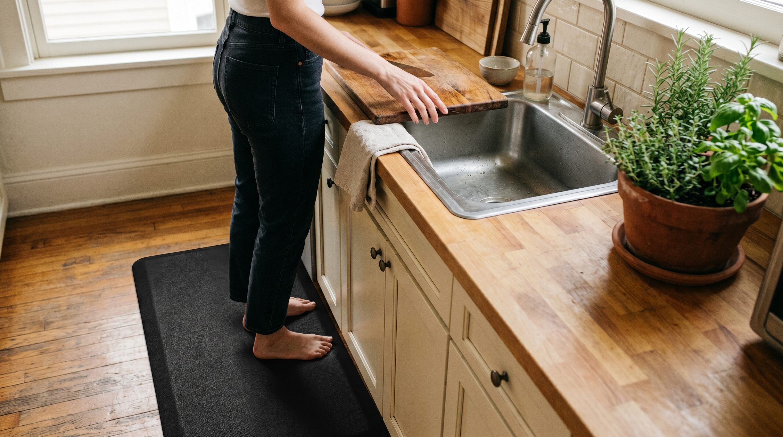 Black cushioned anti-fatigue memory foam kitchen mat placed in front of a stainless sink in a small apartment kitchen with cream cabinetry