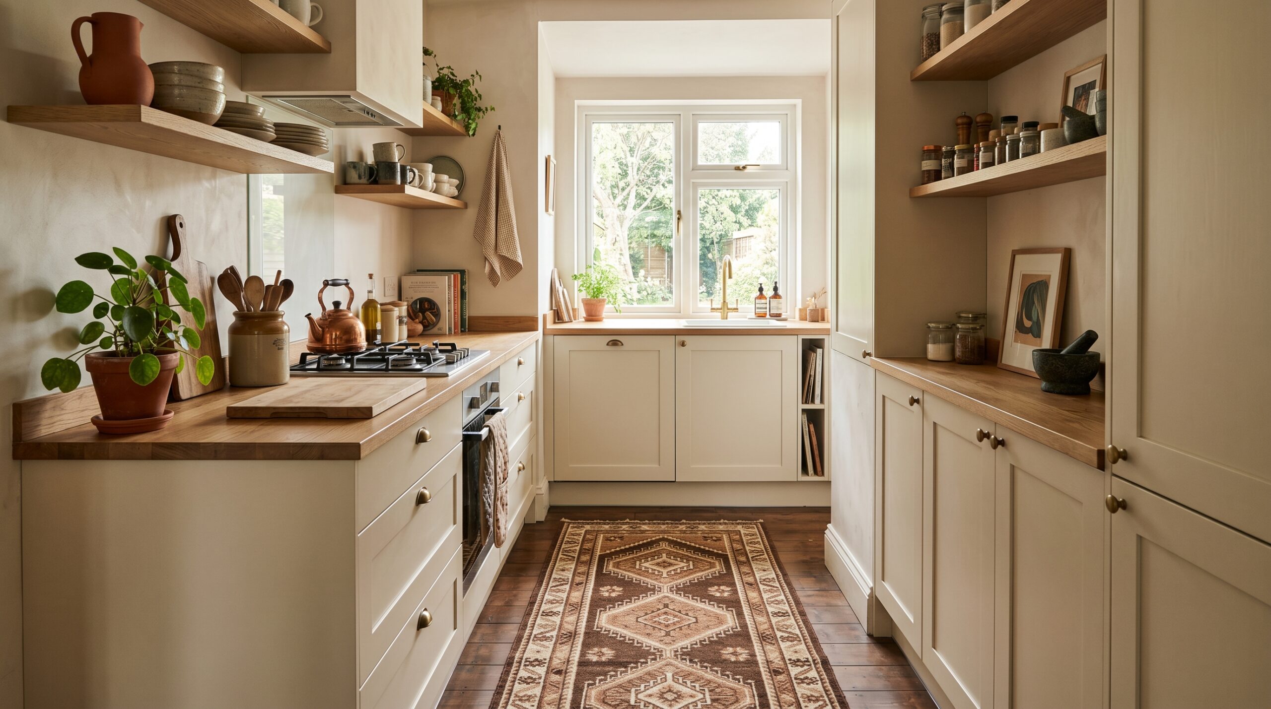 Wide-angle small galley kitchen with a 2-by-6 foot boho brown and beige washable runner rug stretching along the work zone
