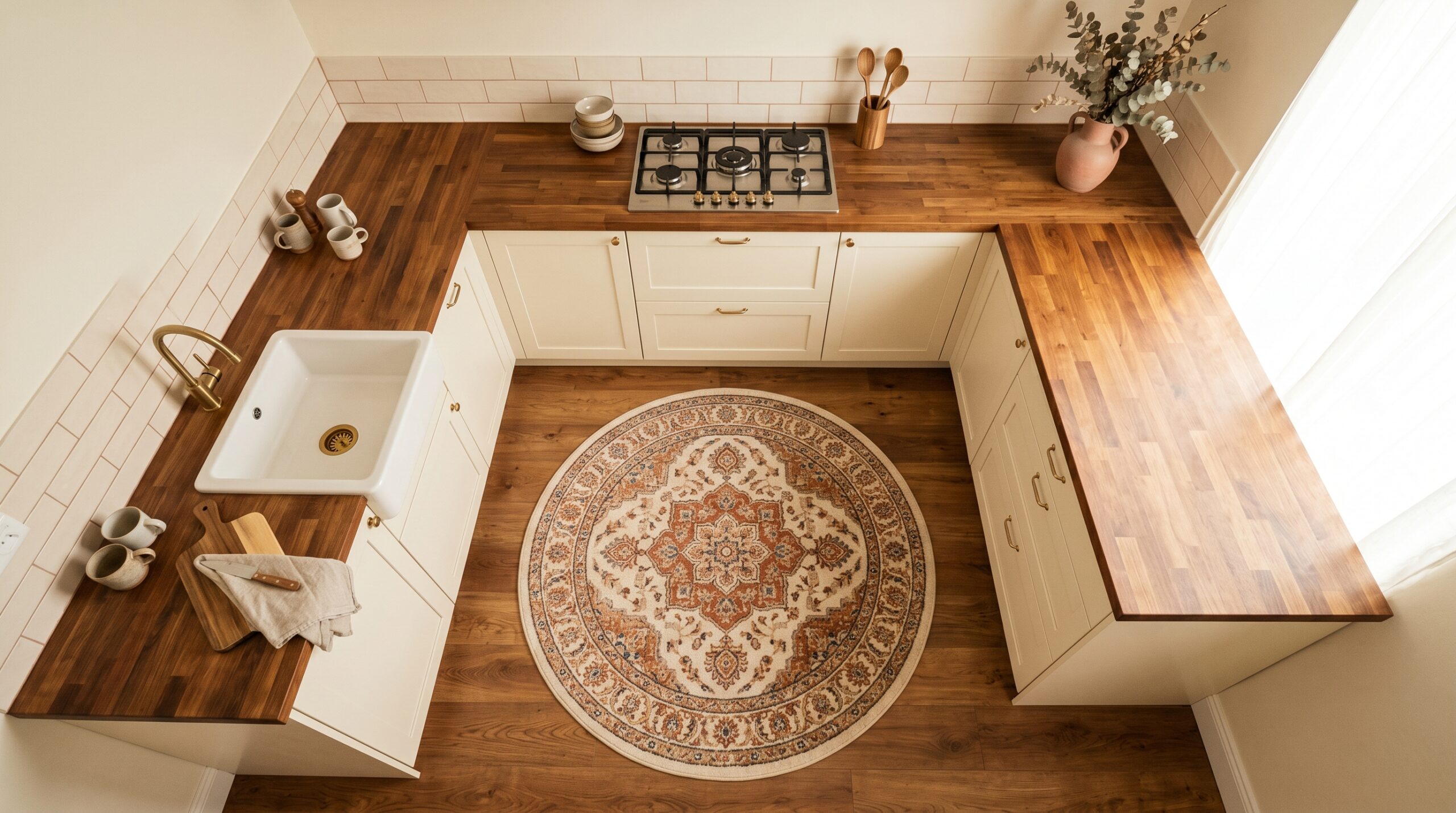 Overhead view of a small L-shape apartment kitchen with a 3-foot round vintage medallion-pattern rug at the inner corner pivot