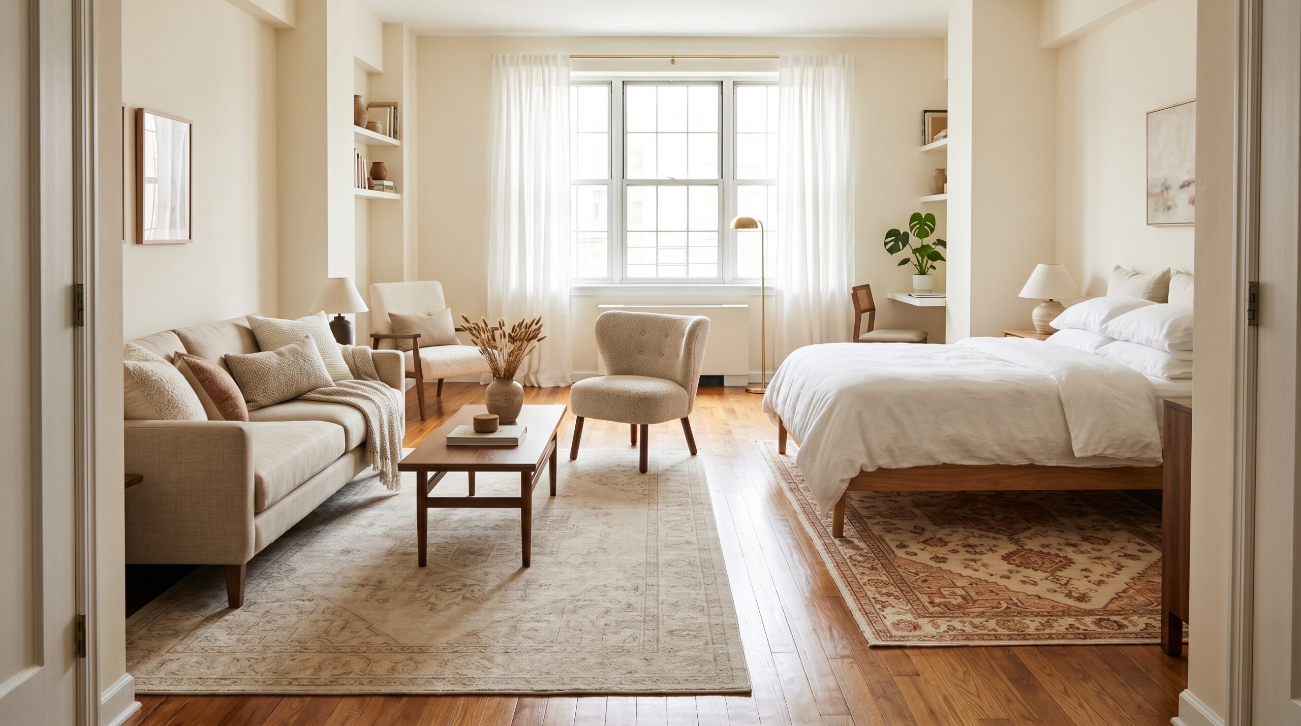 Studio apartment showing two zones defined by rugs: a beige 8x10 living-zone rug under a sofa and a warm cream 5x7 sleep-zone rug under a queen bed, separated by bare oak floor