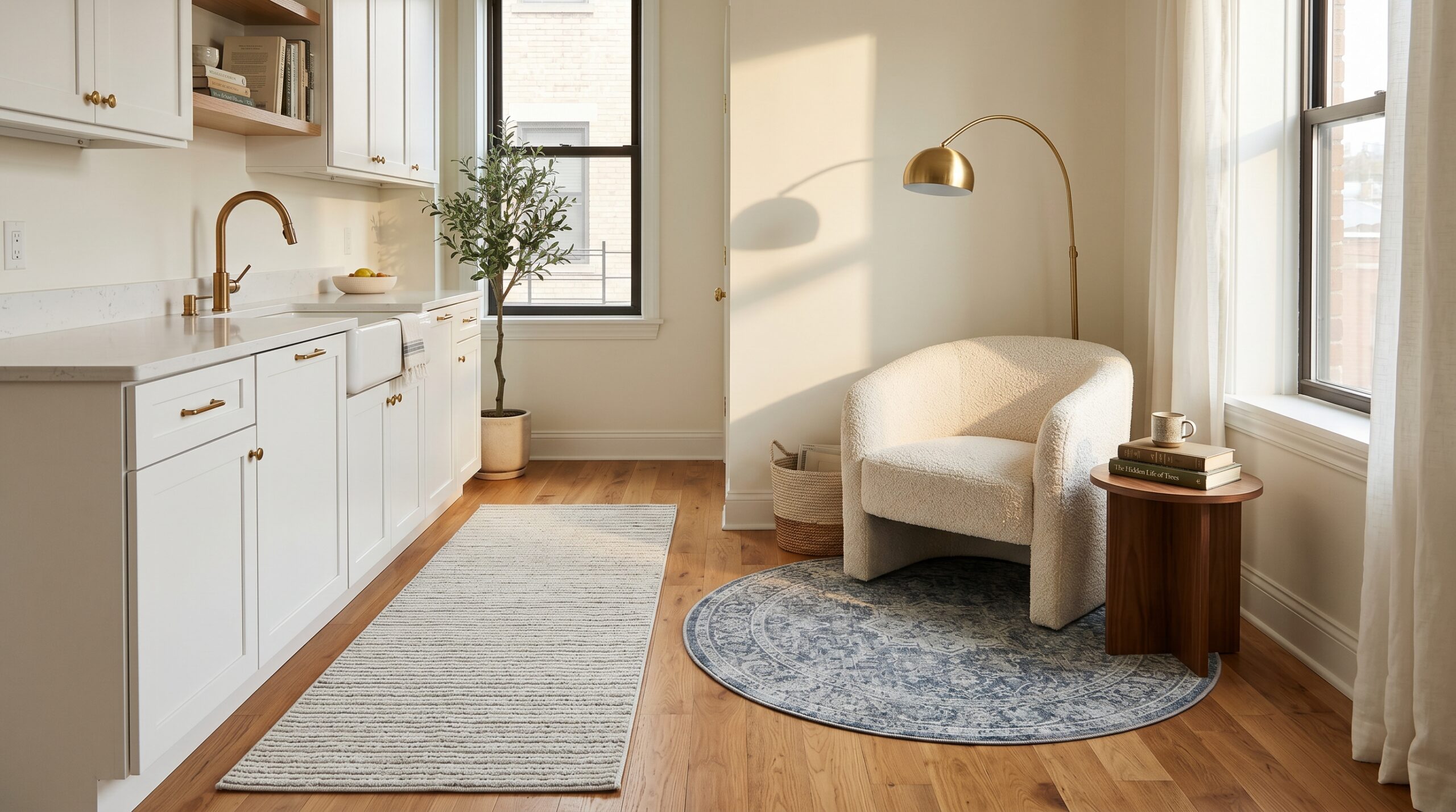 Ivory grey washable runner rug in a small galley kitchen and a 4ft round blue-grey rug anchoring a reading nook in a studio apartment