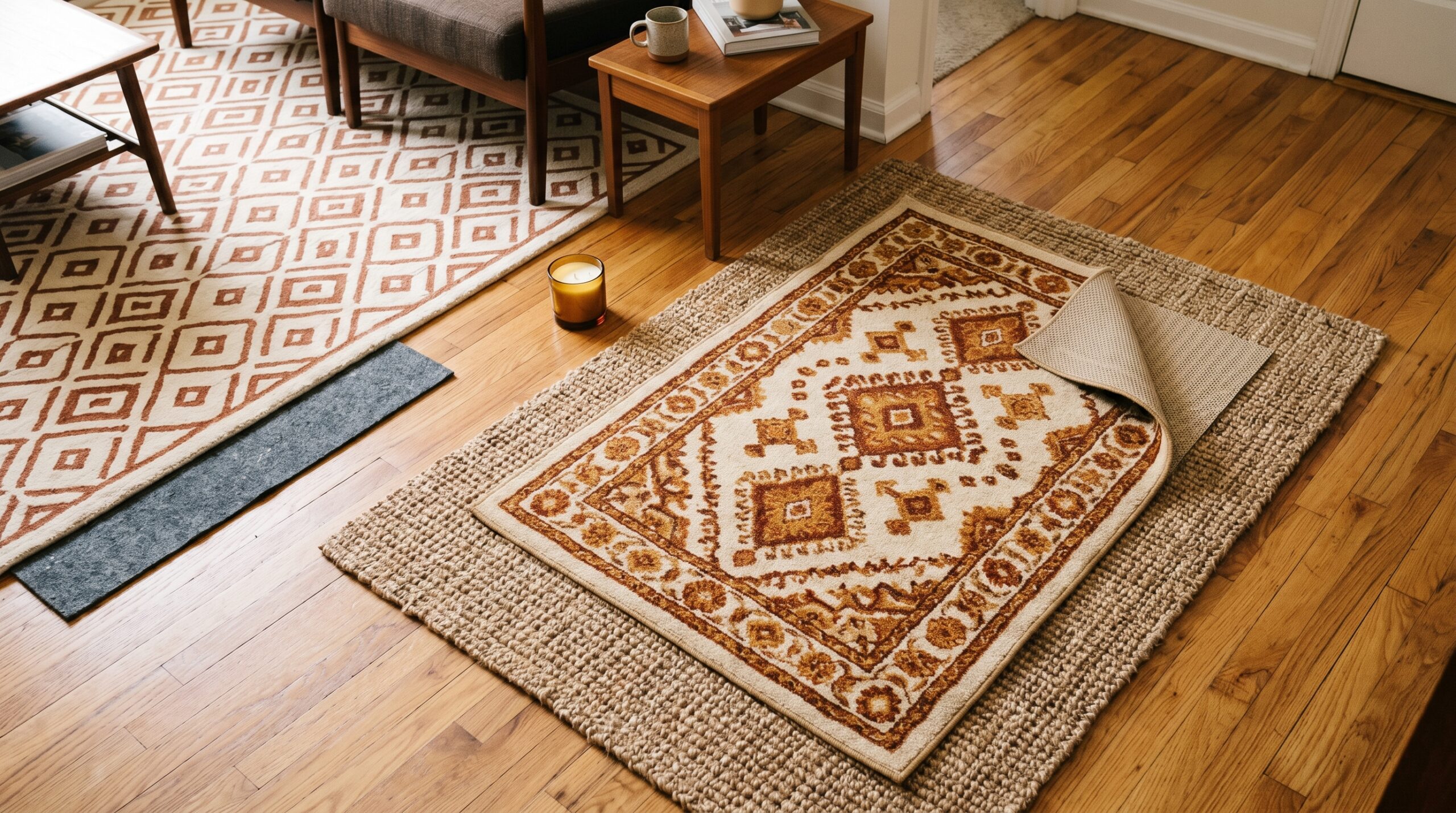 Layered jute base with a patterned topper, rug pad, and corner gripper holding a curling rug corner flat in a small studio apartment