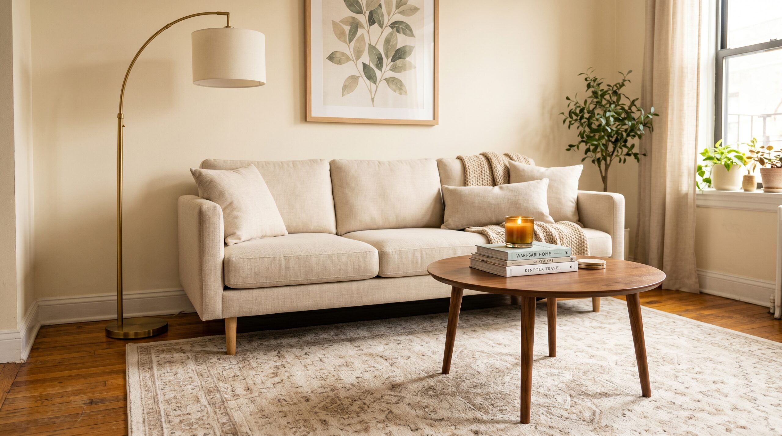 Beige 8x10 area rug with faded tile pattern anchoring a cream linen sofa, walnut coffee table, and brass arc floor lamp in a small studio living zone