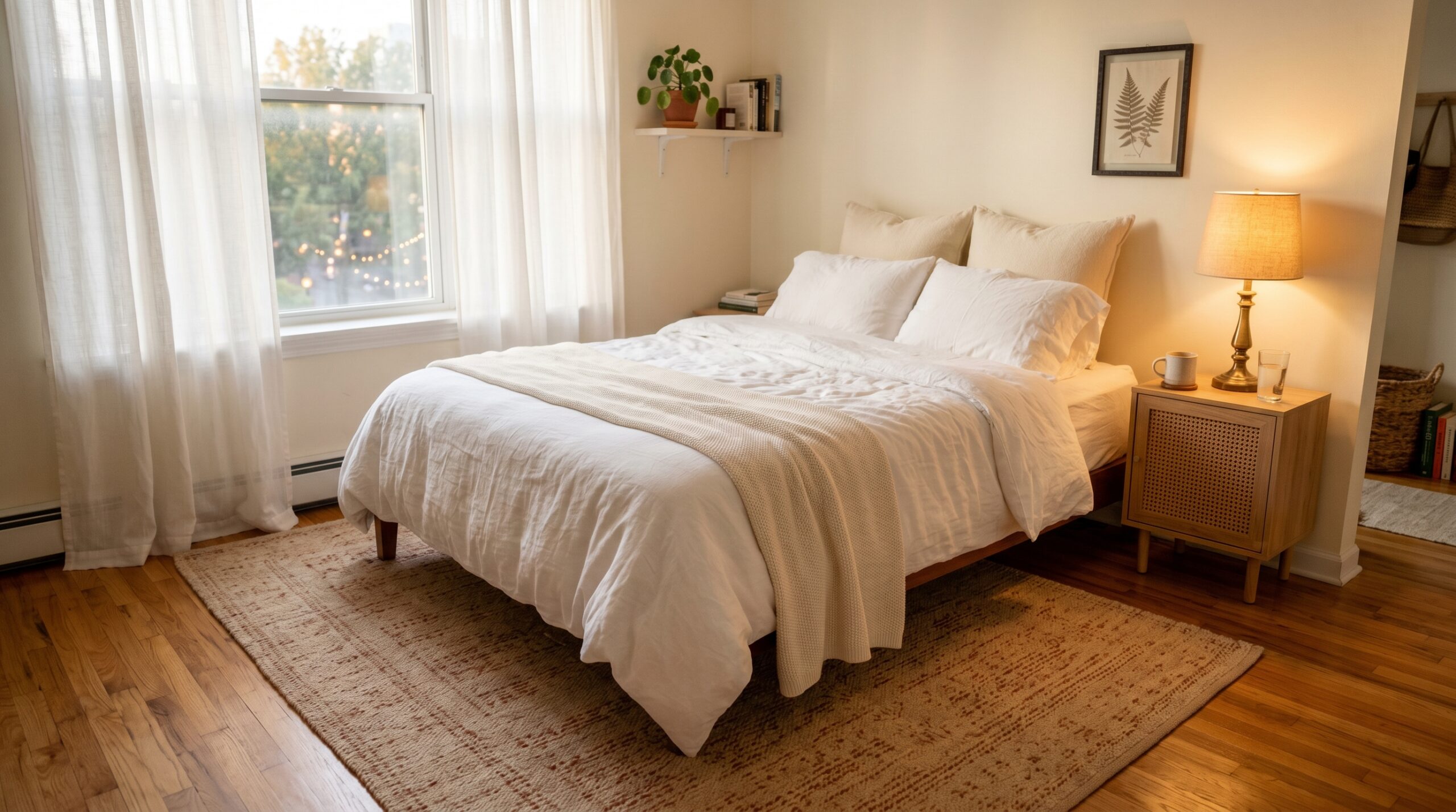 Warm cream and rust 5x7 washable area rug under a queen platform bed with white linen bedding in a small studio sleep zone