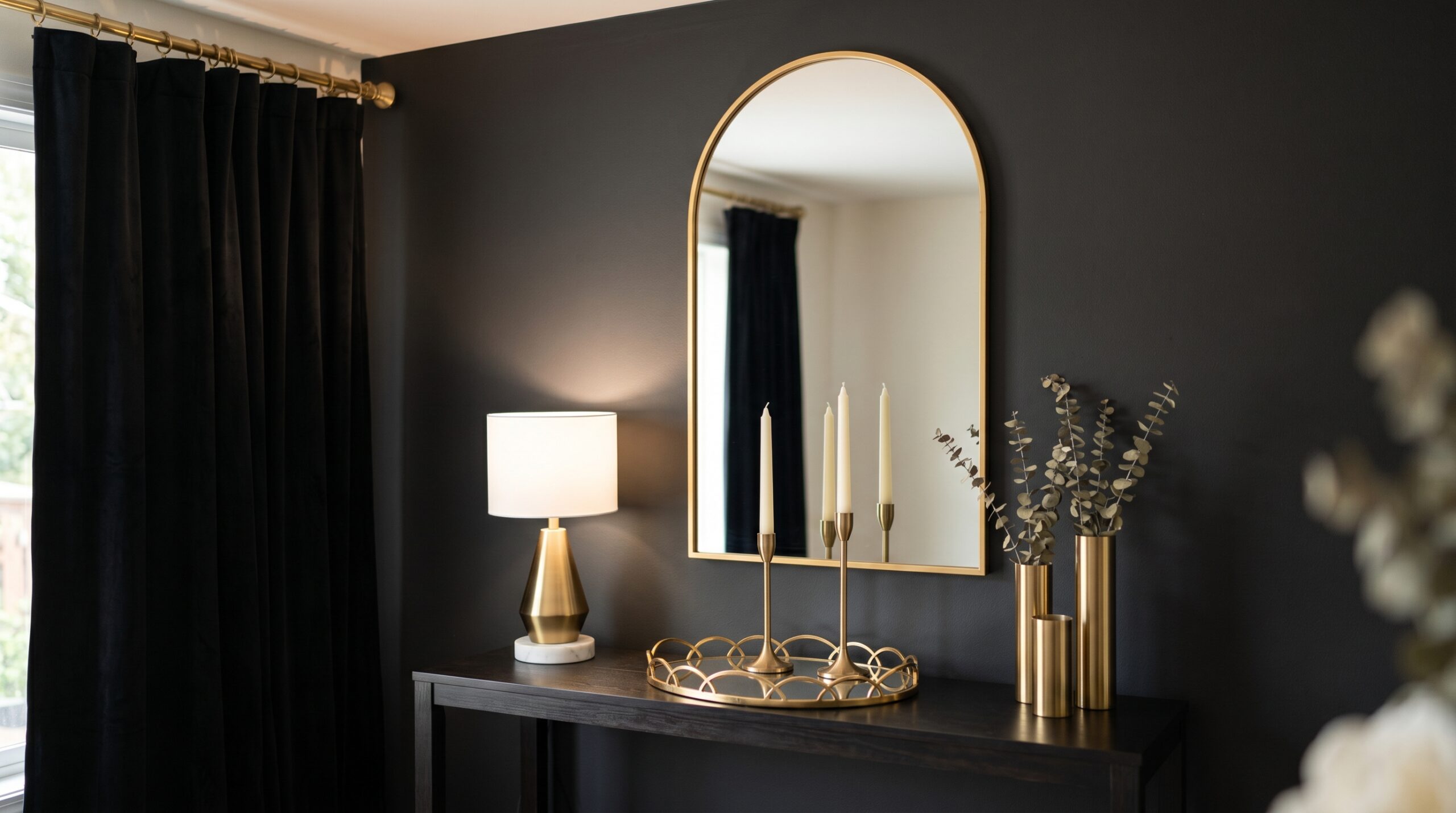Small apartment styled in mob wife gold accent decor: a gold arch wall mirror leaning against a dark wall, a mirrored scalloped vanity tray with brass taper candle holders, a gold gallery frame grid above a velvet bench, and a brass table lamp glowing on a console