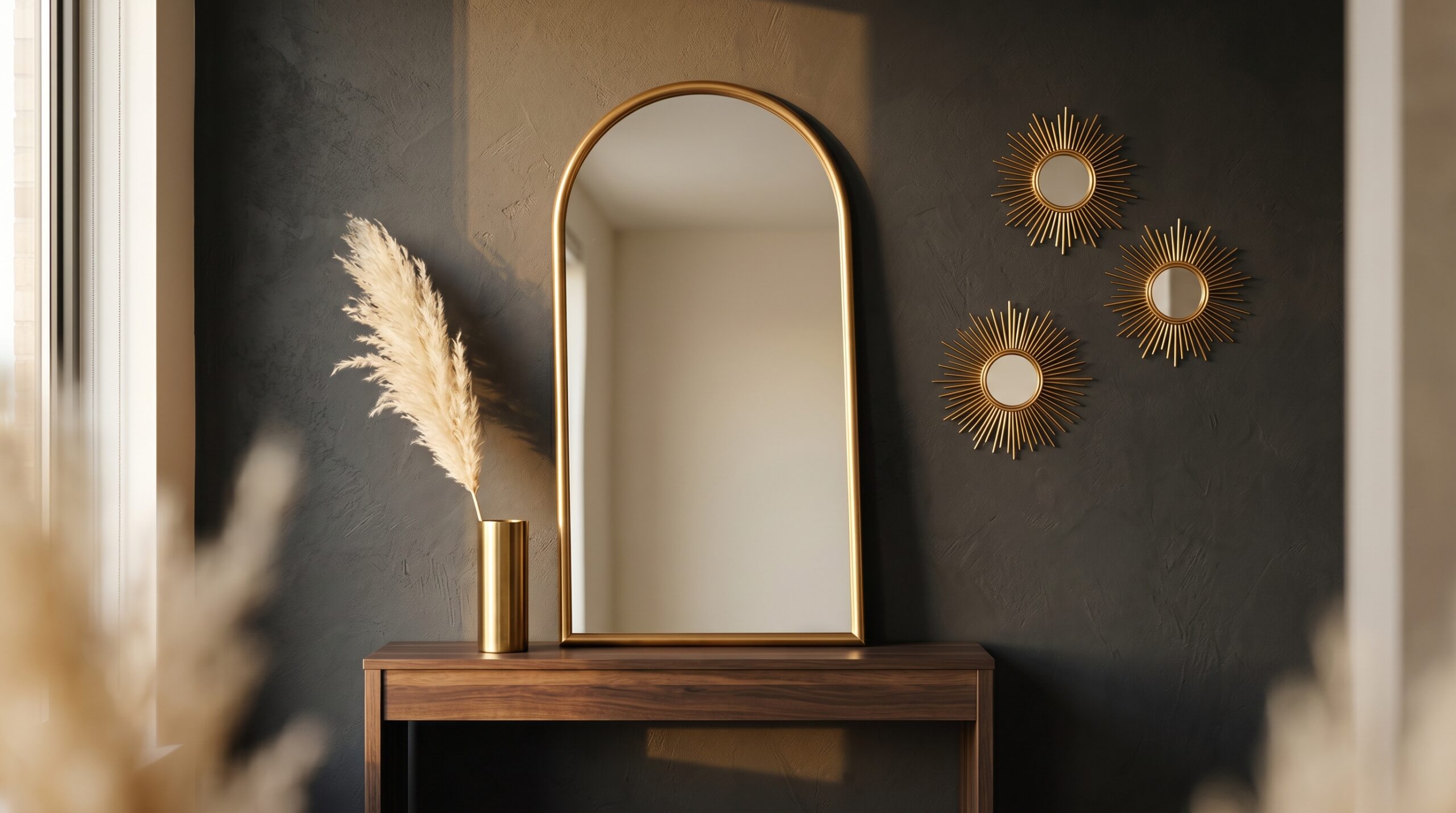 Gold arch wall mirror leaning against a dark plastered wall above a slim console, with a trio of small gold sunburst mirrors clustered nearby and a brass taper candle holder set on the console