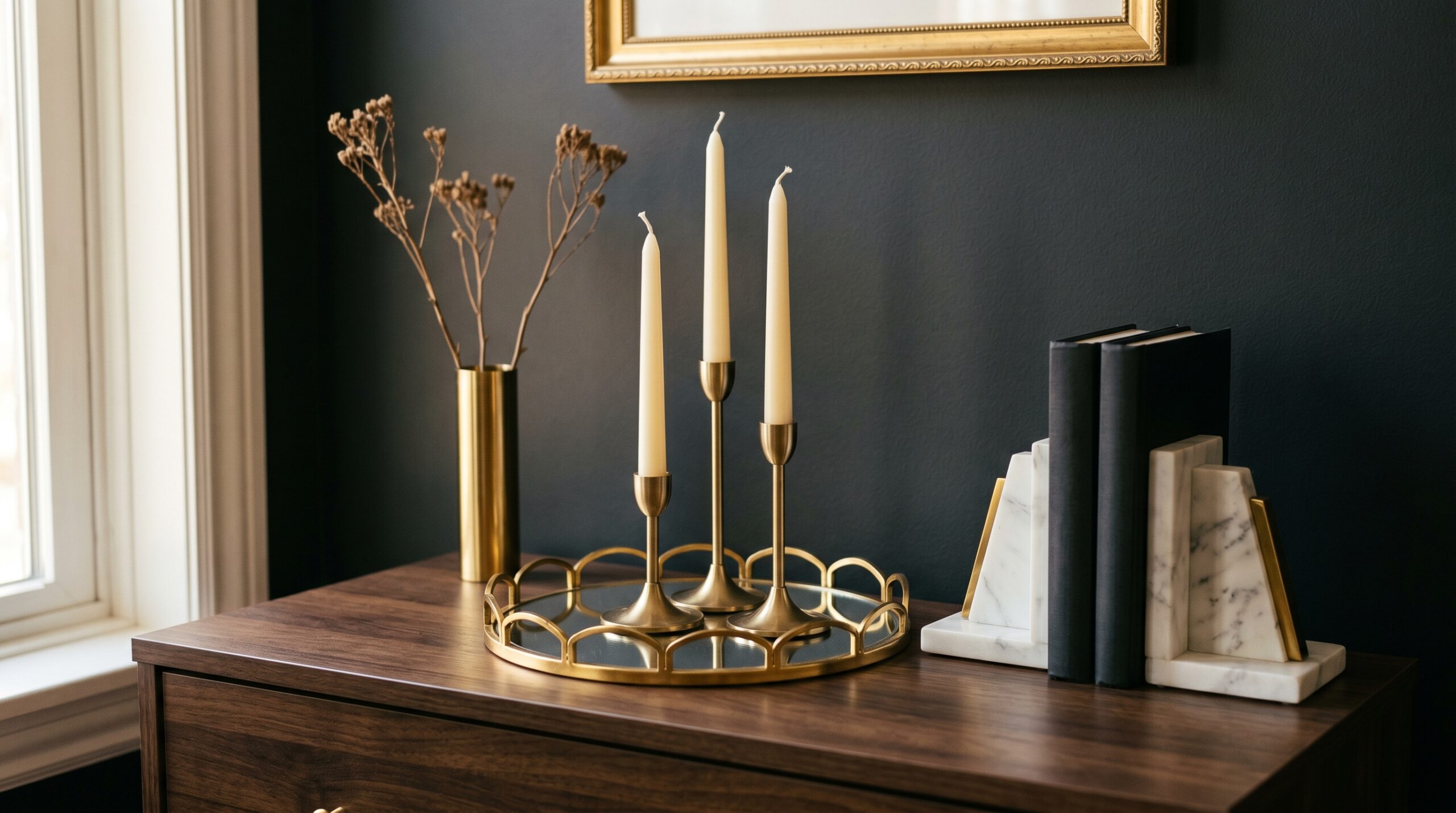 Gold scalloped mirrored vanity tray on a dark dresser holding three brass taper candle holders at varying heights, a brass cylinder vase with dried branches, and a pair of marble and gold bookends propping up a small stack of dark hardback books
