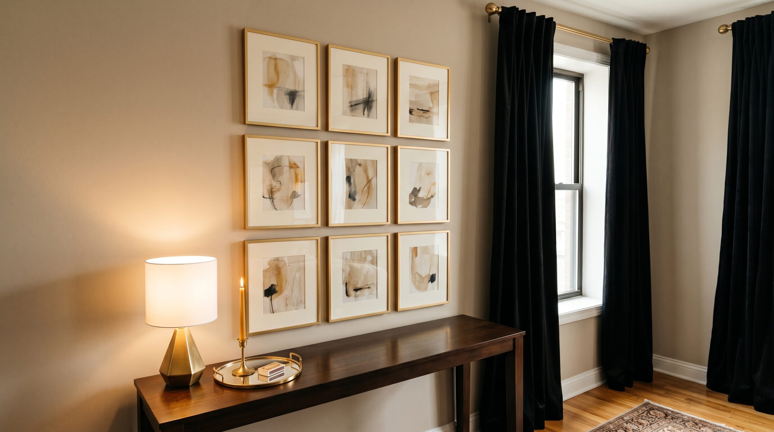 Small apartment living wall styled with a nine-piece gold gallery frame grid arranged 3x3 above a dark console, a small brass table lamp with a white drum shade glowing on the console, and warm gold curtain rods carrying floor-length dark panels on the adjacent window
