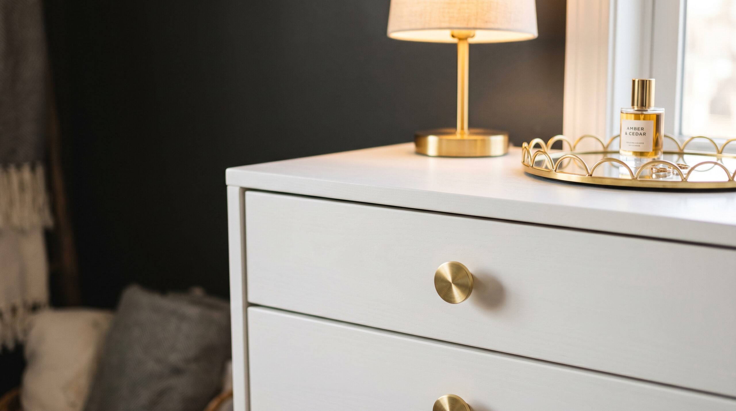 Close-up of a small white IKEA-style dresser with brushed brass round knobs replacing the original silver hardware, a small brass table lamp glowing on top and a mirrored scalloped tray catching the light