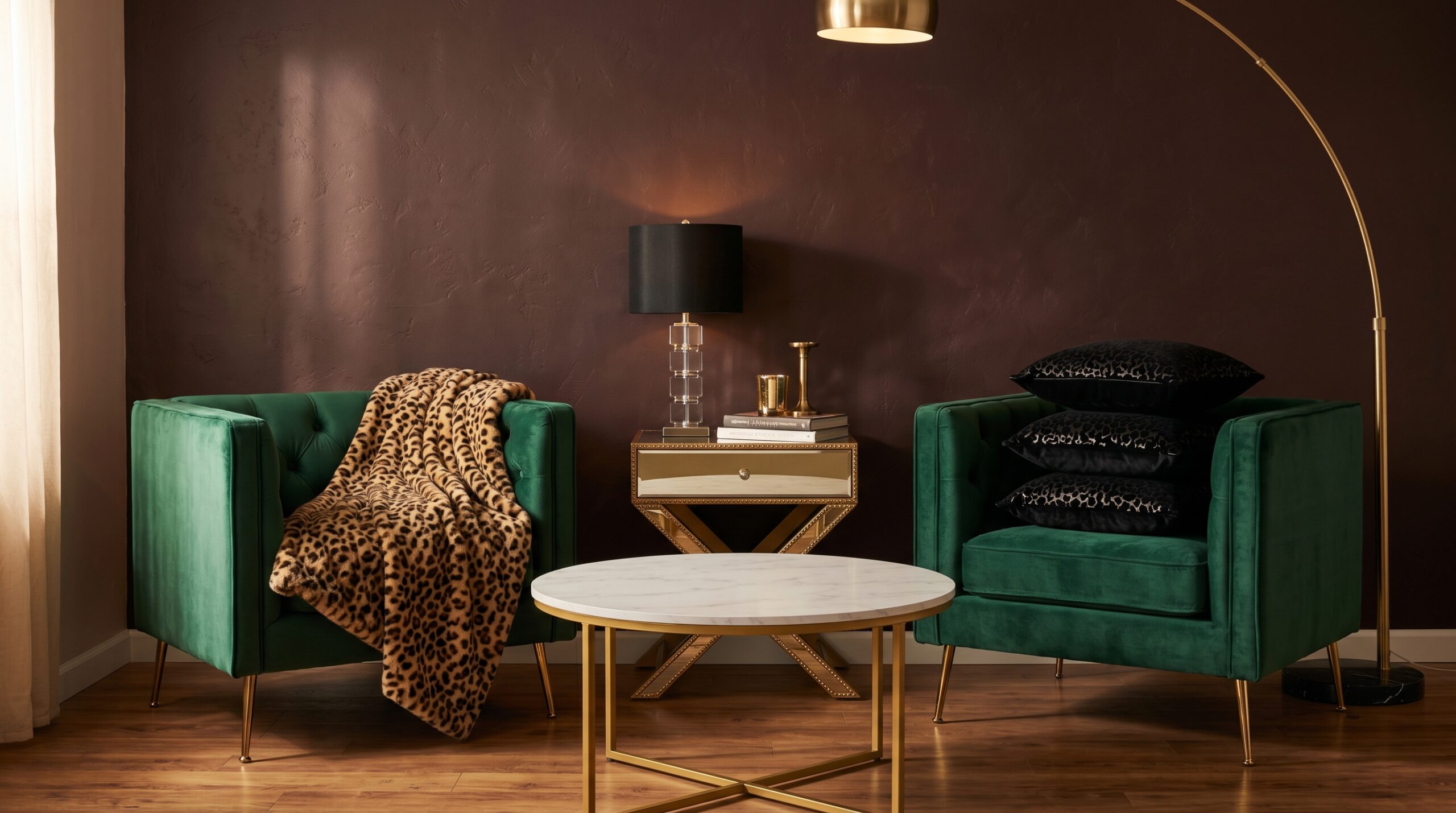 Small living room styled in mob wife aesthetic: two emerald velvet armchairs flank a round white marble coffee table with gold X-base, a leopard fleece throw draped over an arm, leopard pillow covers stacked, a tall gold arc floor lamp curving overhead, and a mirrored gold side table catching the light
