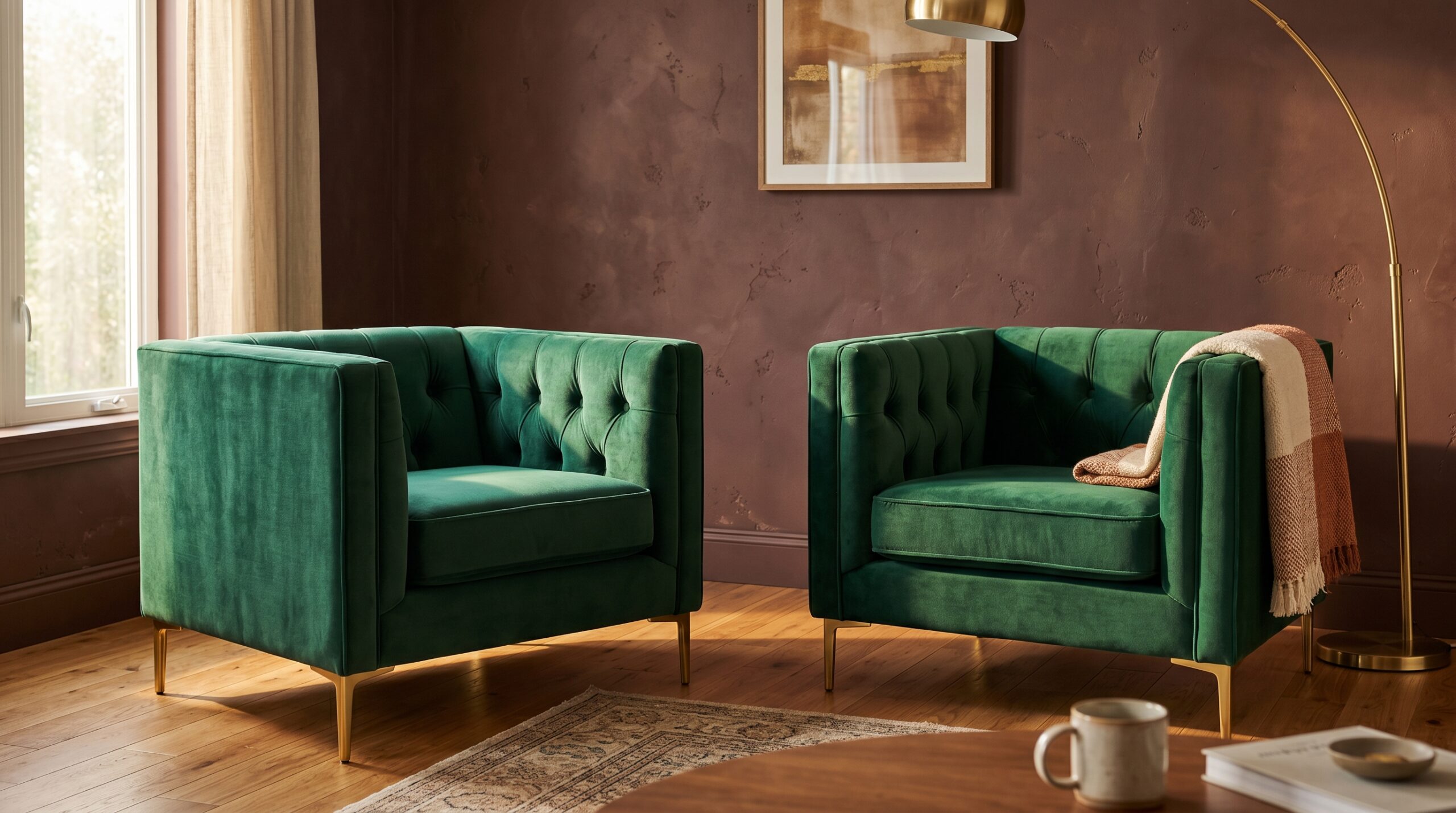 Pair of emerald green velvet armchairs with button-tufted backs and slim gold metal legs angled toward a round coffee table in a small living room, dark plastered wall behind them, brass floor lamp visible in the corner