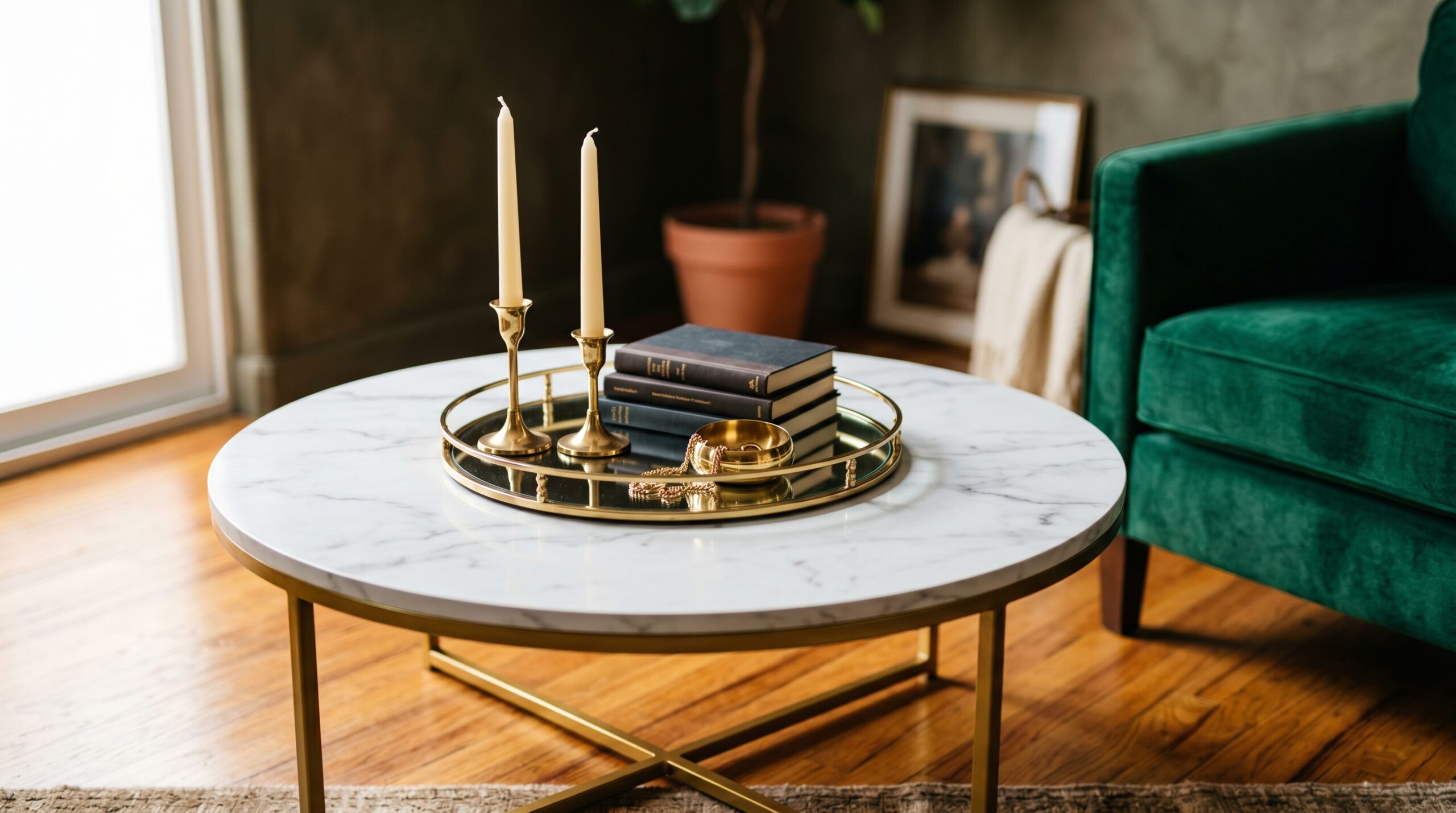 Round white faux marble coffee table with gold X-base in a small living room, styled with a mirrored vanity tray holding two brass taper candle holders and a small stack of dark hardback books, emerald velvet armchair visible behind it