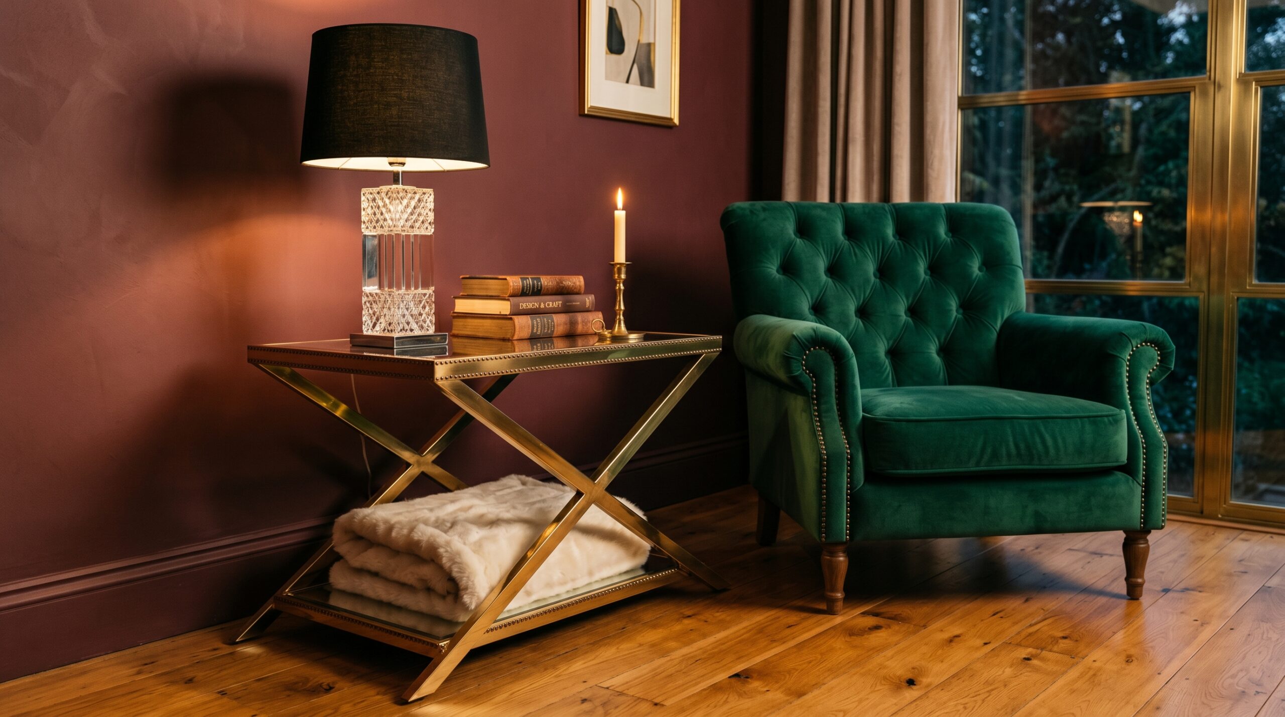 Mirrored gold side table with X-frame and nailhead trim next to a velvet armchair, topped with a square crystal table lamp with a black drum shade, a small stack of art books, and a single brass candle holder