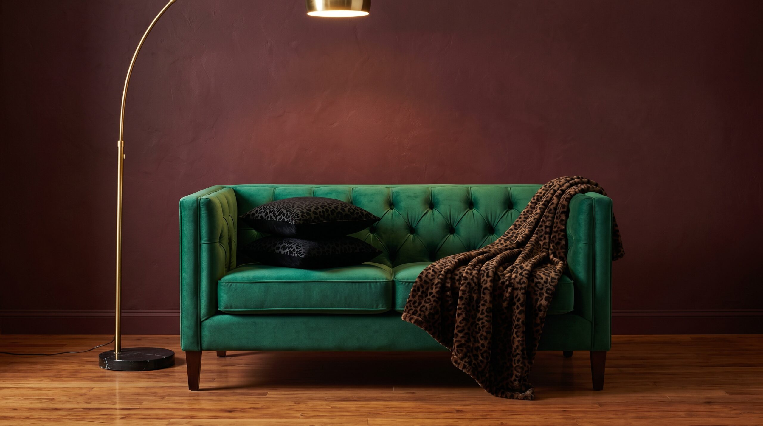 Tall gold arc floor lamp with a black marble base curving over a velvet loveseat in a small living room, leopard print throw draped over the loveseat arm, two velvet leopard print pillow covers stacked, dark walls and warm evening light