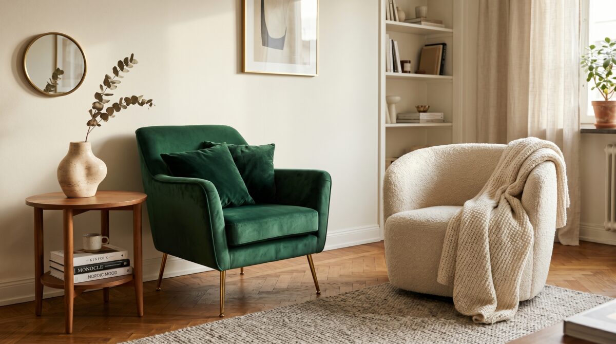 Small apartment corner blending mob wife and old money decor with an emerald velvet chair and a cream boucle chair