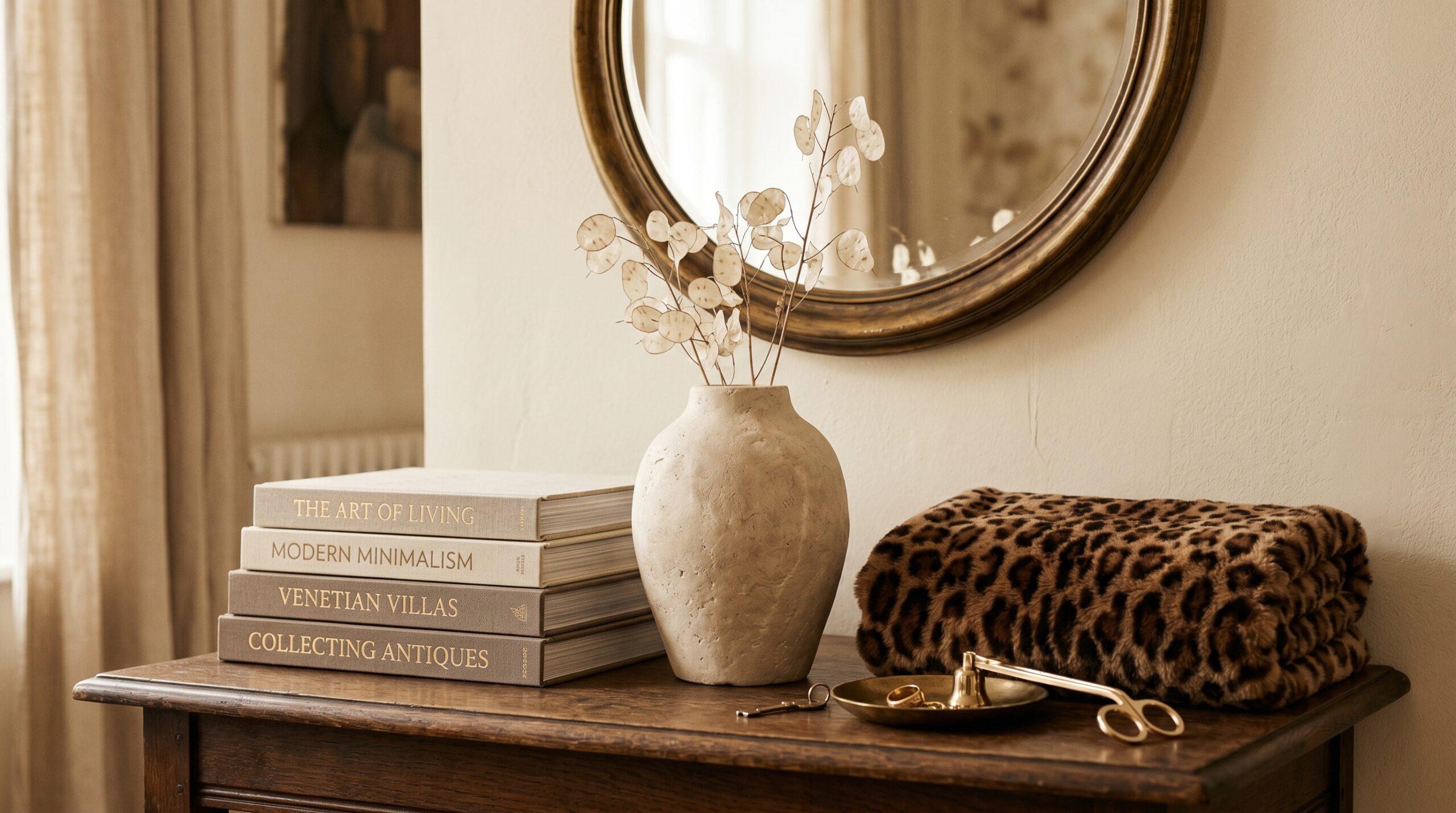 Small apartment shelf mixing old money neutrals with one mob wife touch, a leopard throw folded beside a travertine vase and aged brass mirror