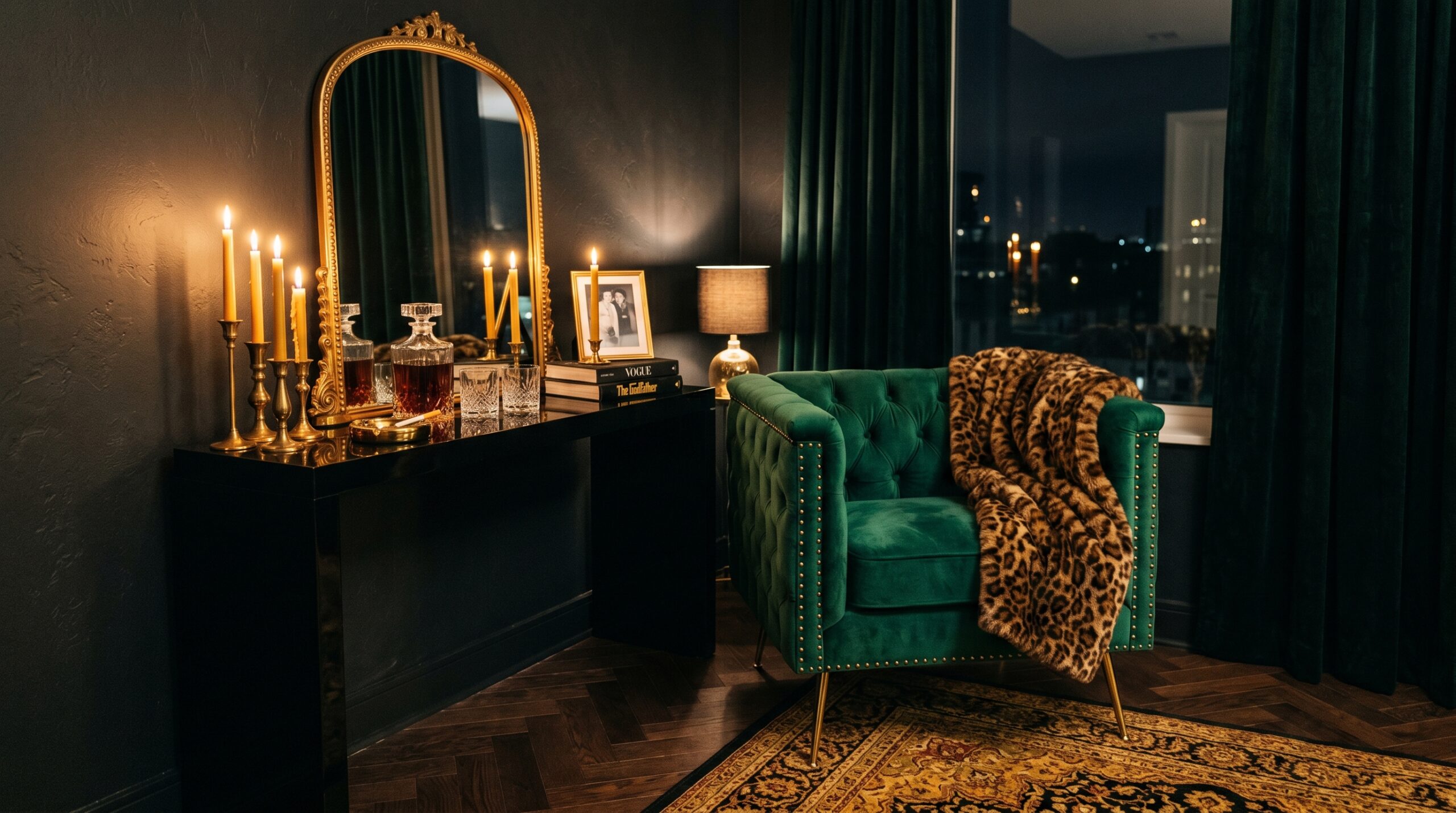Mob wife aesthetic small apartment corner with emerald velvet chair, leopard faux fur throw, gold arch mirror, and brass candle holders