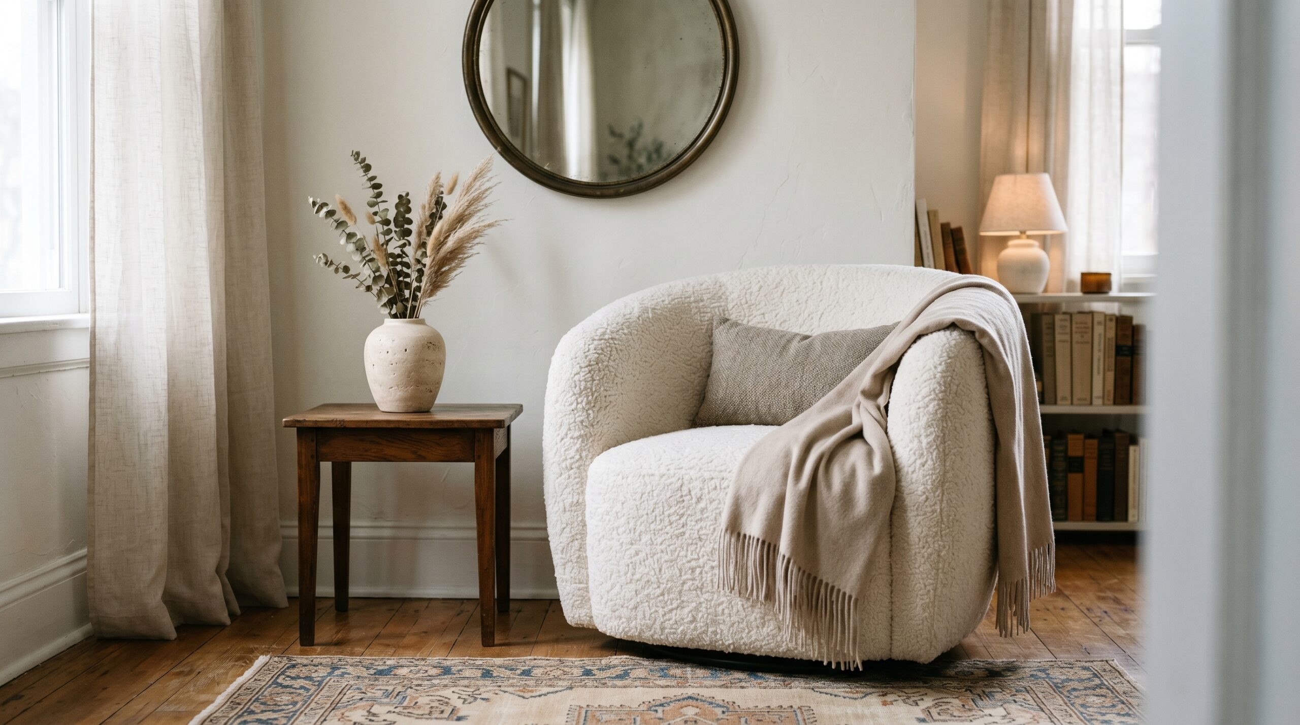 Old money aesthetic small apartment corner with cream boucle barrel chair, beige faux cashmere throw, antique brass round mirror, and a travertine vase