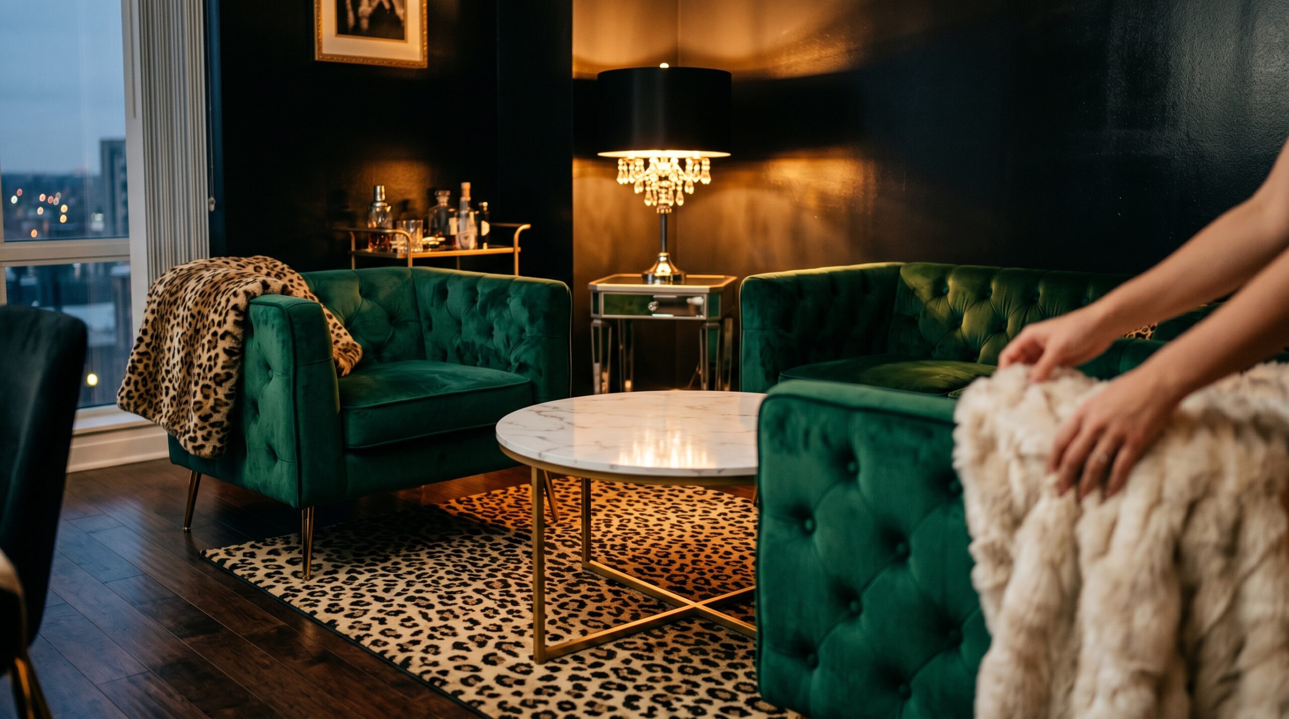 Mob wife small apartment living room with emerald velvet accent chairs, leopard rug, marble coffee table, warm bronze lamplight