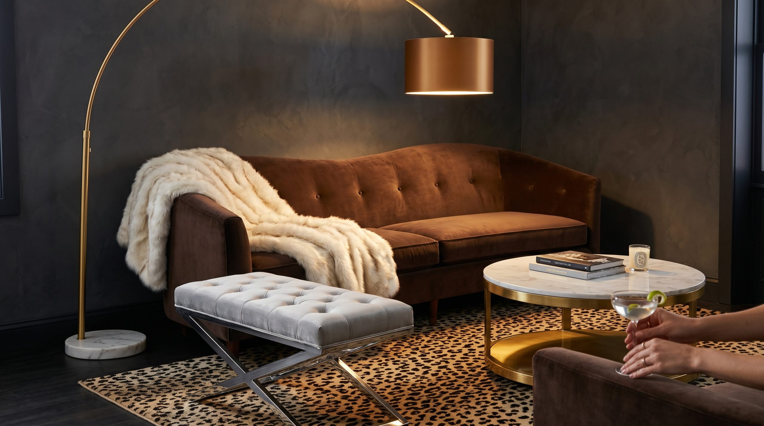 Chocolate brown velvet 3-seat curved-back sofa with silver tufted velvet ottoman bench, faux marble coffee table, gold arc floor lamp, leopard rug