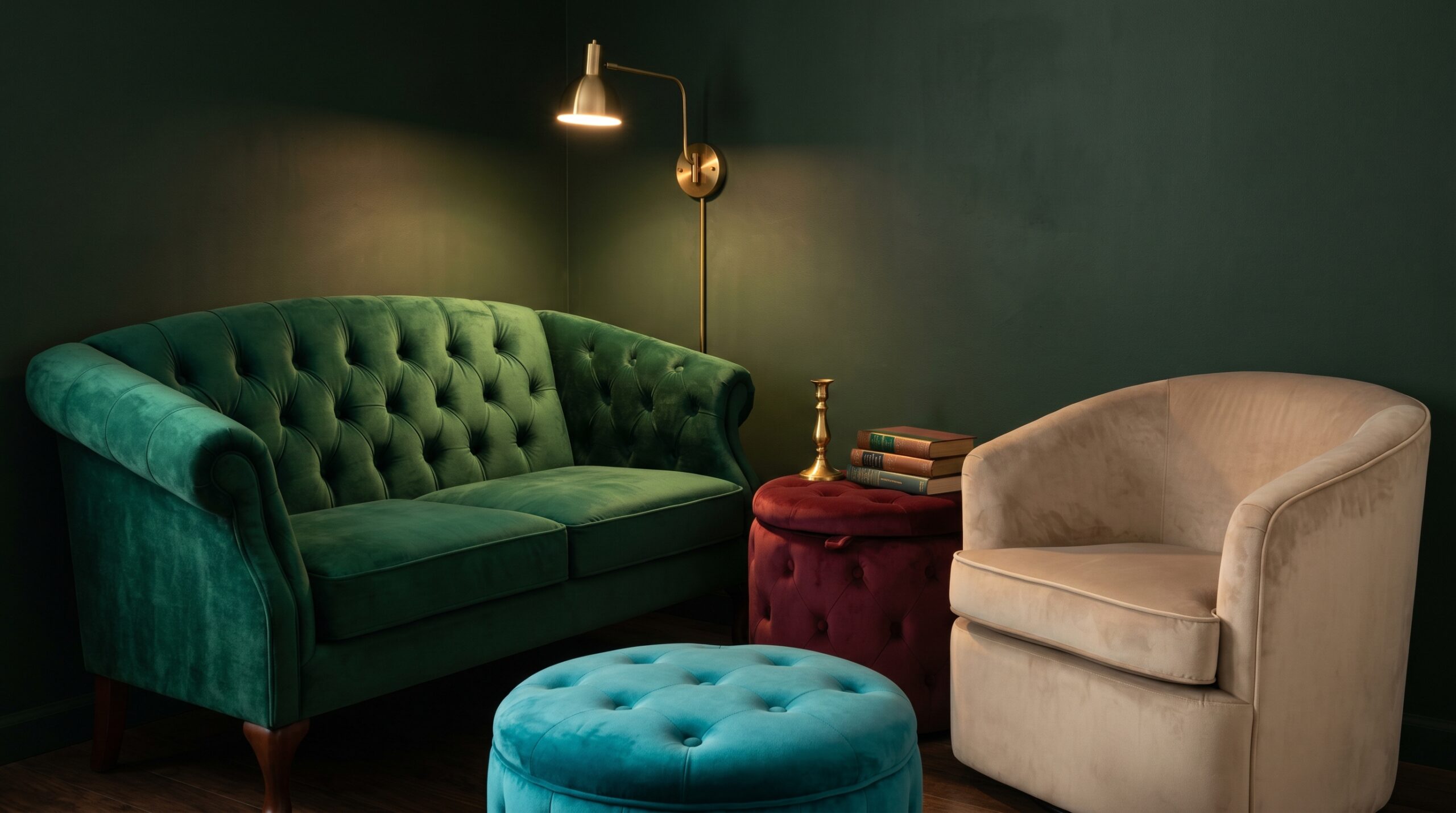 Emerald velvet tufted loveseat next to beige velvet barrel accent chair, burgundy velvet storage ottoman as side table, teal velvet pouf footrest