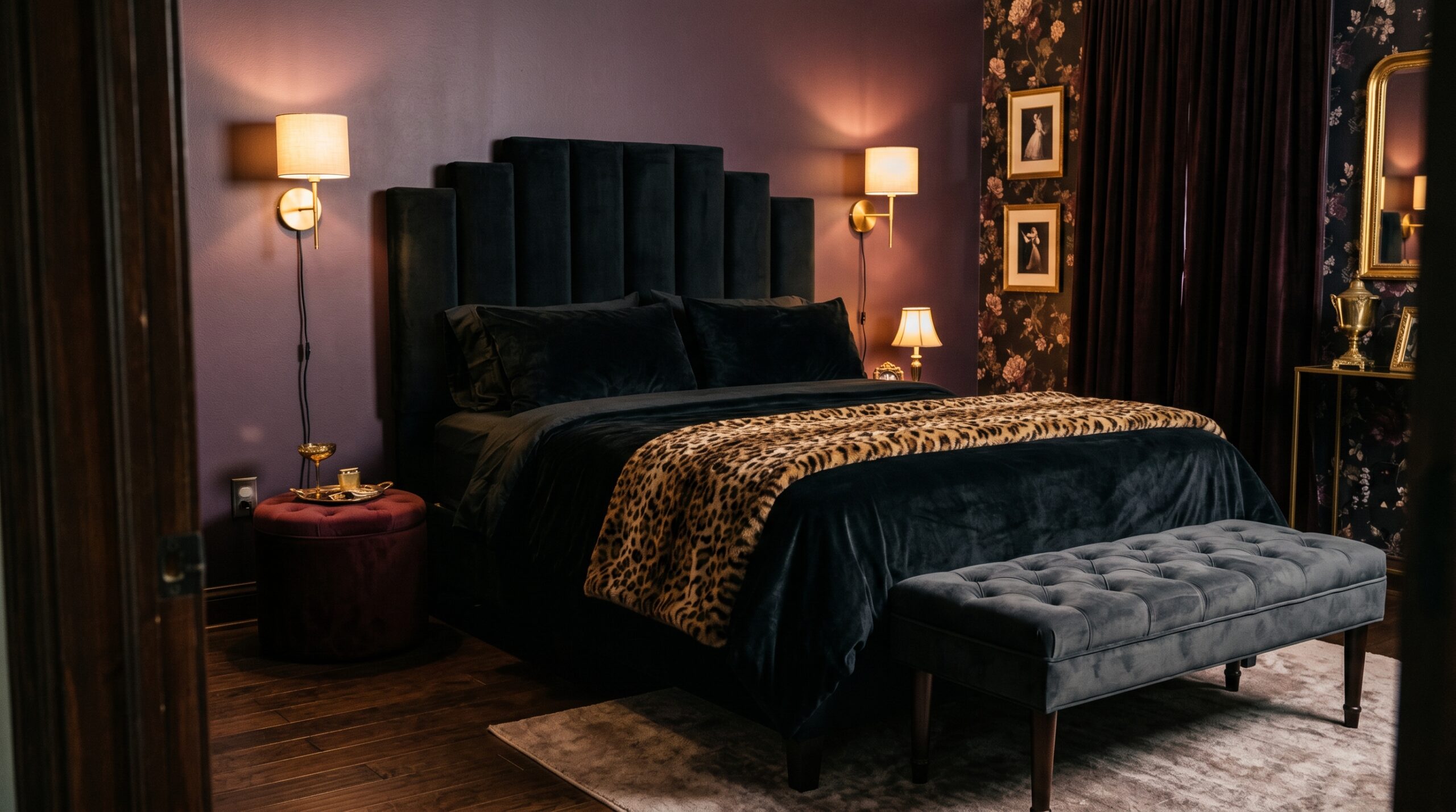 Black velvet vertical-channel-tufted queen headboard, dark gray velvet end-of-bed bench, plug-in brass sconces, mob wife bedroom on deep aubergine wall