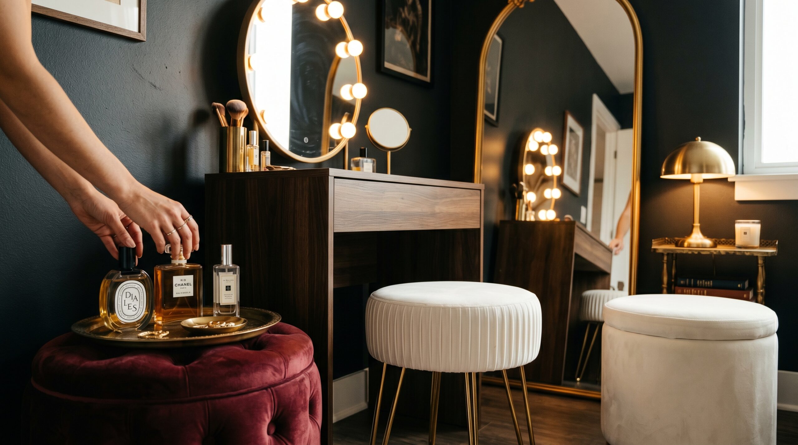 White pleated velvet vanity stool with gold legs, burgundy velvet storage ottoman, cream velvet round ottoman, arched gold floor mirror in dressing corner