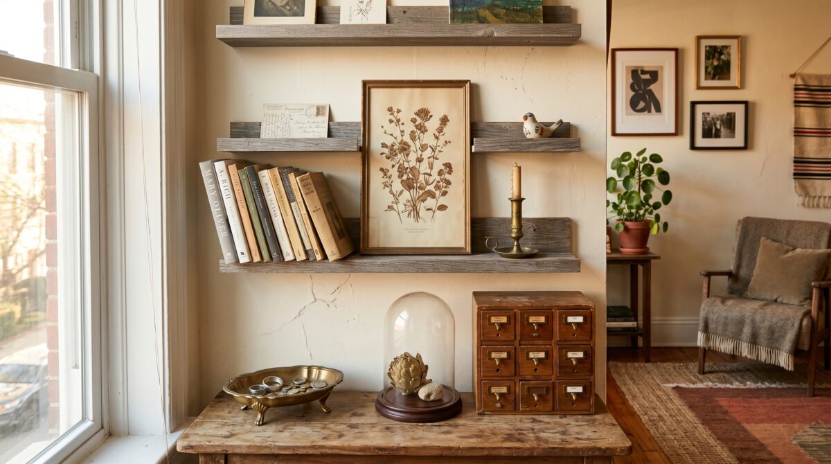 Cluttercore small apartment hero scene with brass dish, glass cloche, and curated trinkets on a wood console