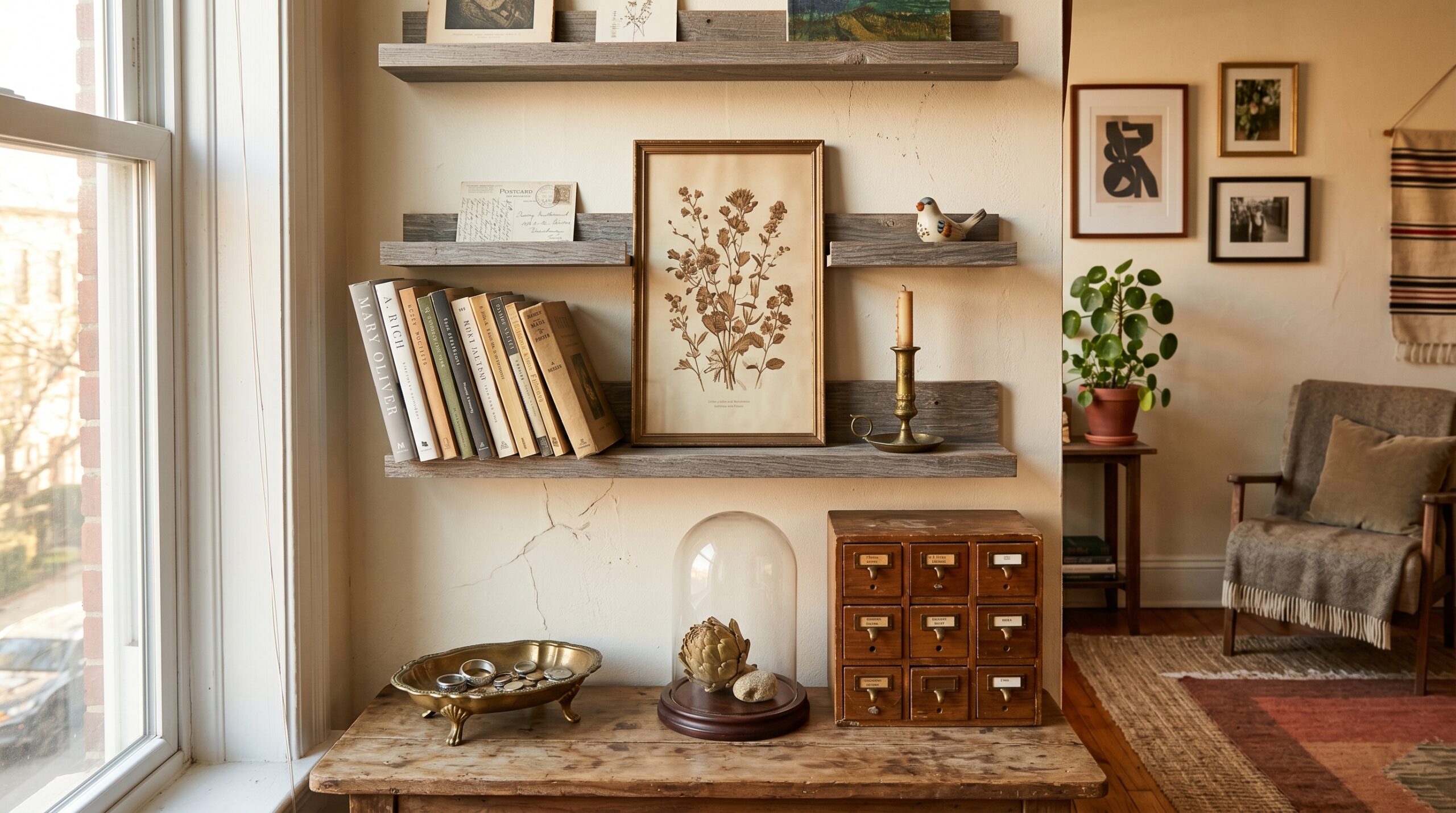 Cluttercore small apartment hero scene with brass dish, glass cloche, and curated trinkets on a wood console