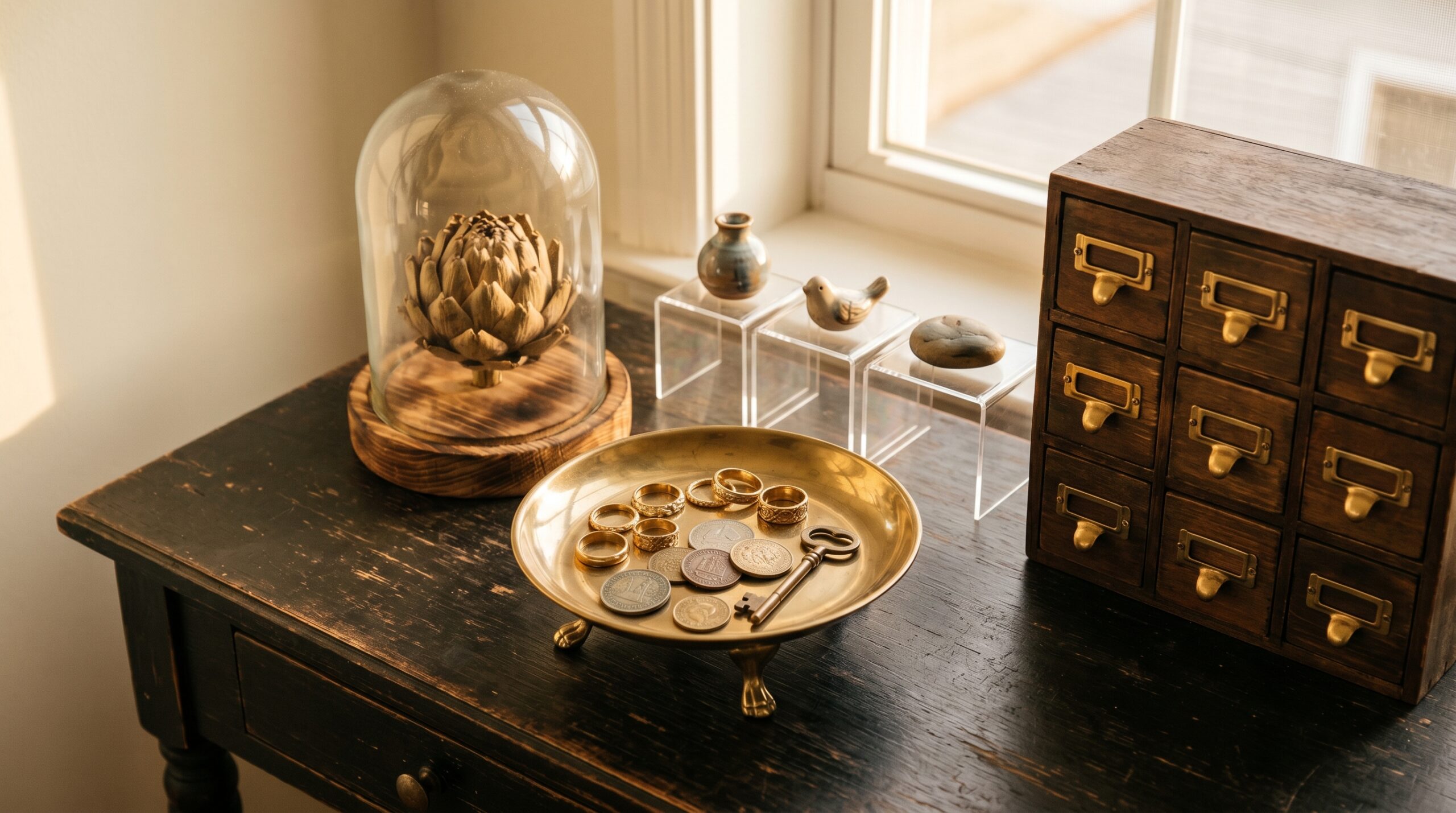 Cluttercore surface vignette featuring a brass clawfoot catchall dish, glass bell jar cloche, clear acrylic risers, and a tabletop apothecary cabinet on a small desk