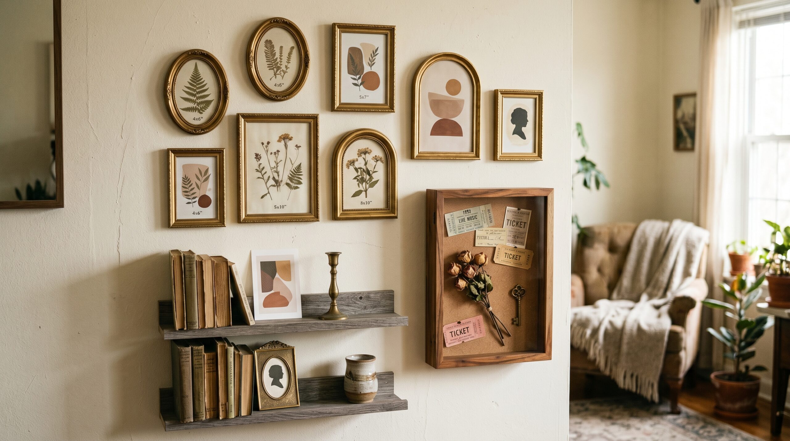 Vertical cluttercore wall display with stacked wood picture ledges, an acacia shadow box, and a gold vintage gallery frame collage above a desk