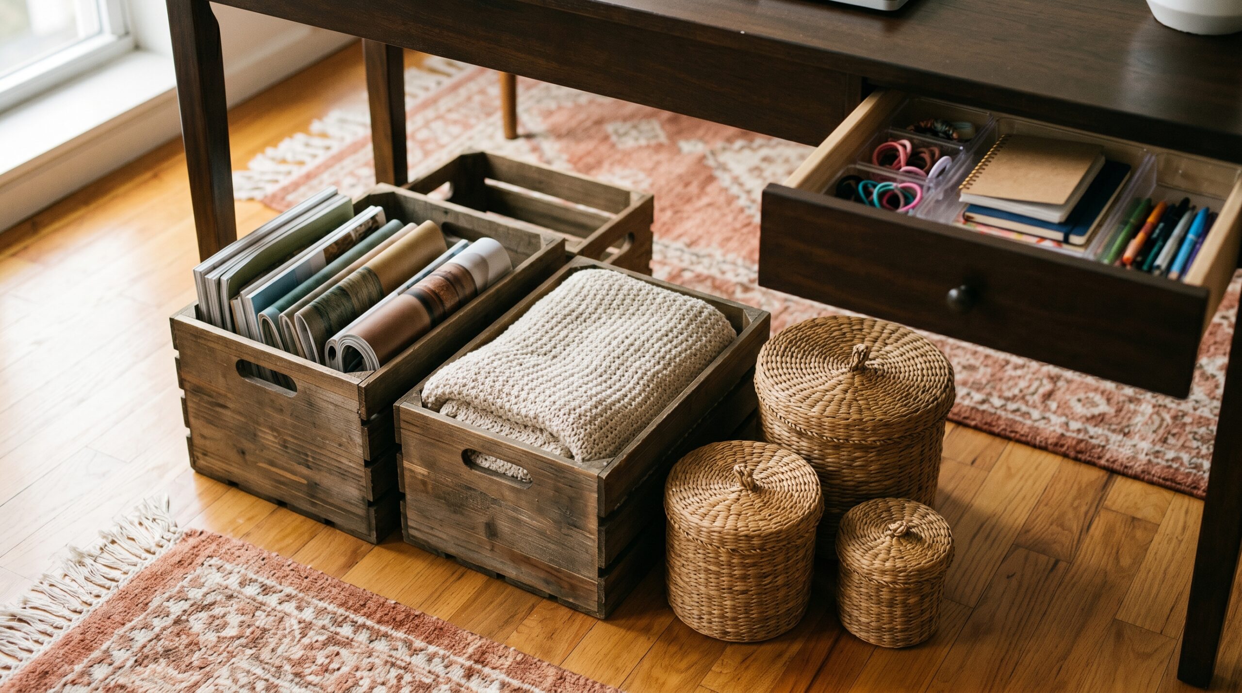 Hidden cluttercore storage scene with reclaimed wood nesting crates, lidded seagrass baskets, and clear drawer organizers under a console