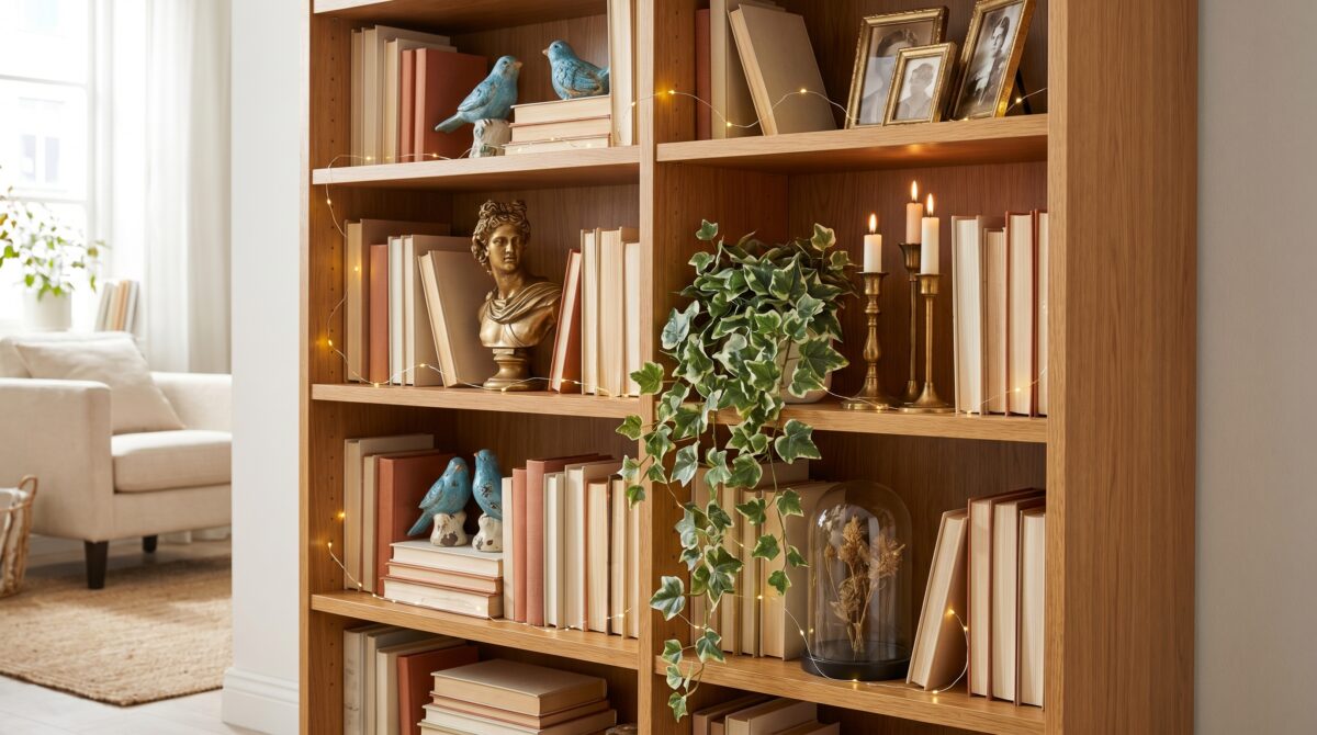 Styled cluttercore bookshelf in a small apartment with stacked books, brass candlesticks, ceramic birds, a glass cloche and trailing faux ivy