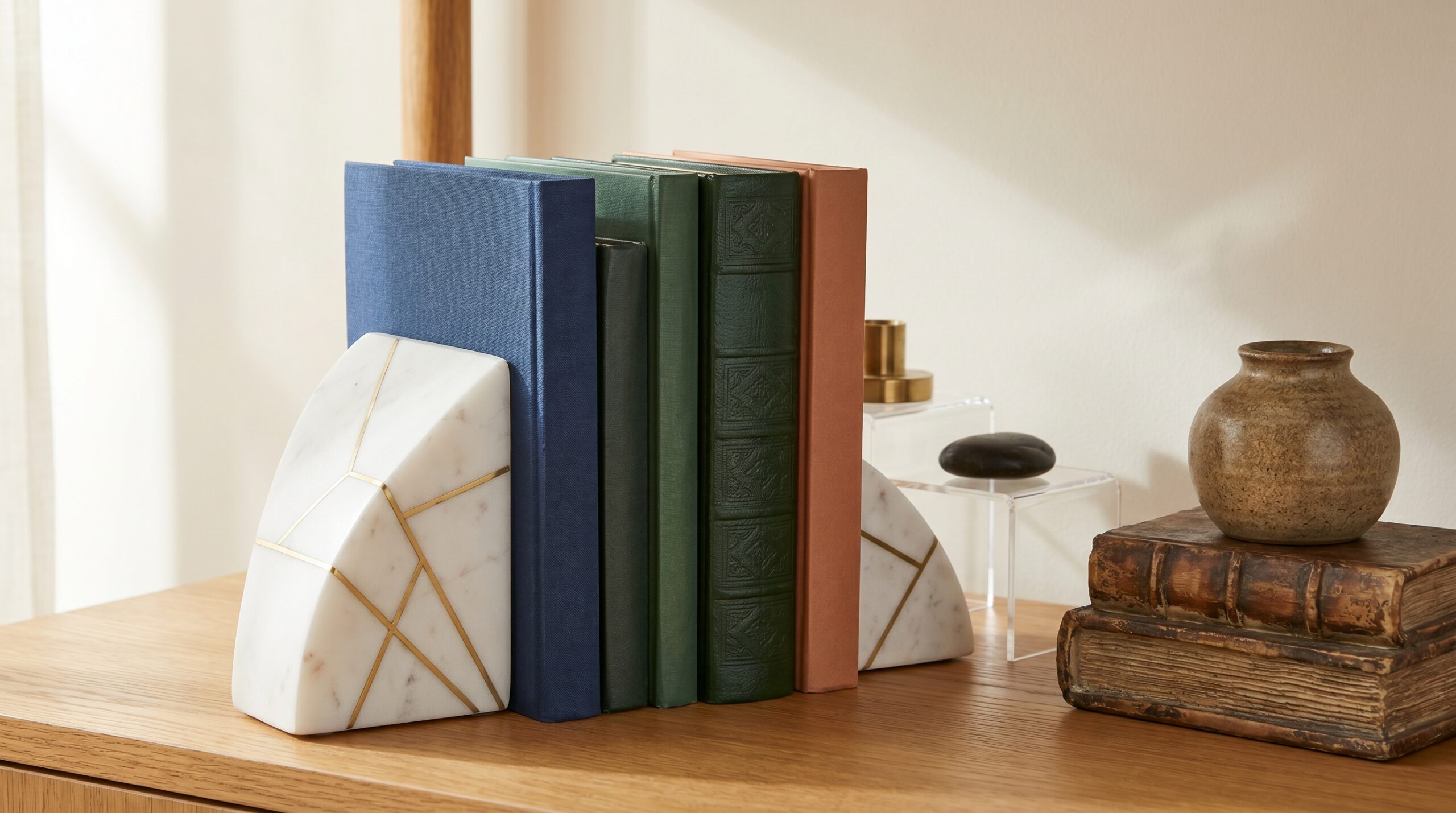 Bookshelf base layer with marble and brass bookends holding a row of hardcover books, a faux book stack lifting a small object, and clear acrylic risers staging height