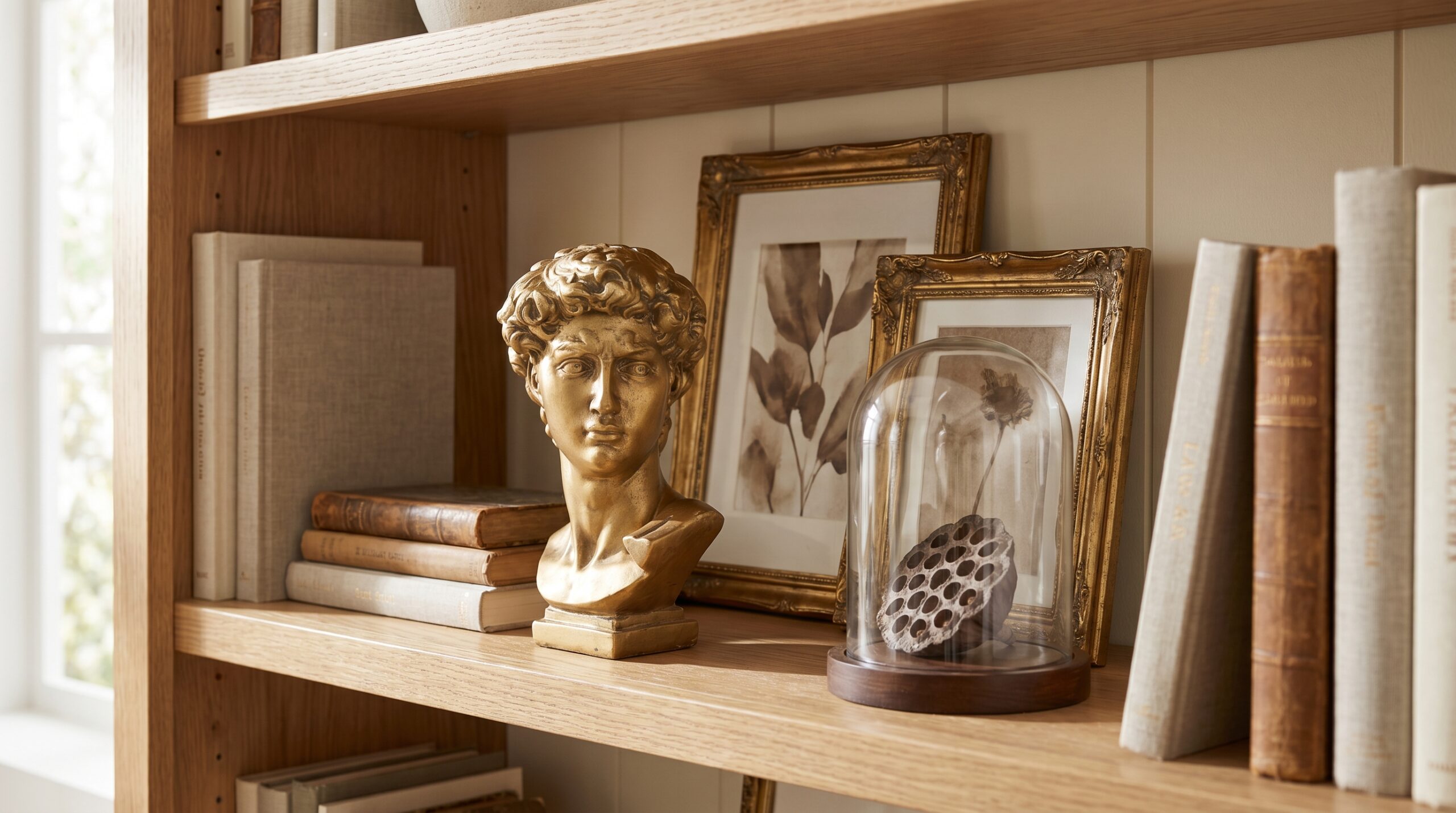 Bookshelf focal layer with a gold David bust beside a glass bell jar cloche, framed vintage art layered against the back wall of the shelf