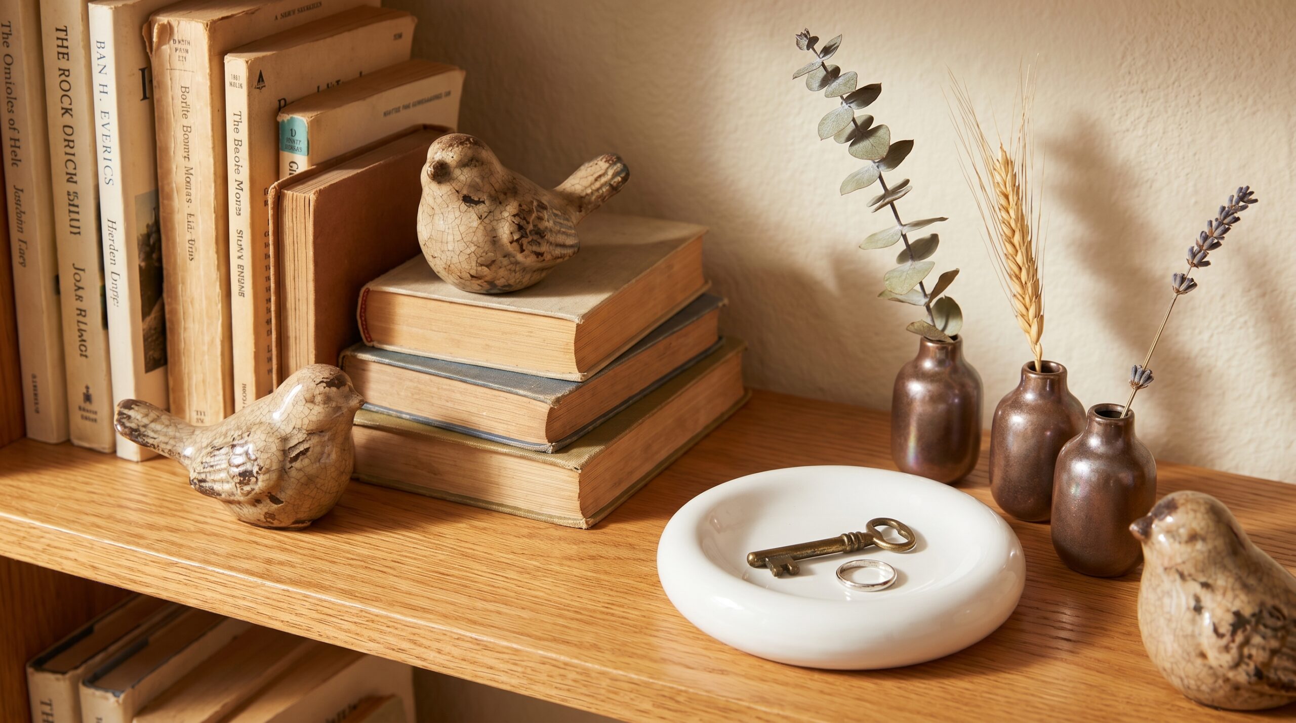 Close cluttercore shelf vignette with three distressed ceramic birds, a small white trinket dish, and a set of metallic-brown bud vases holding dried stems between book stacks