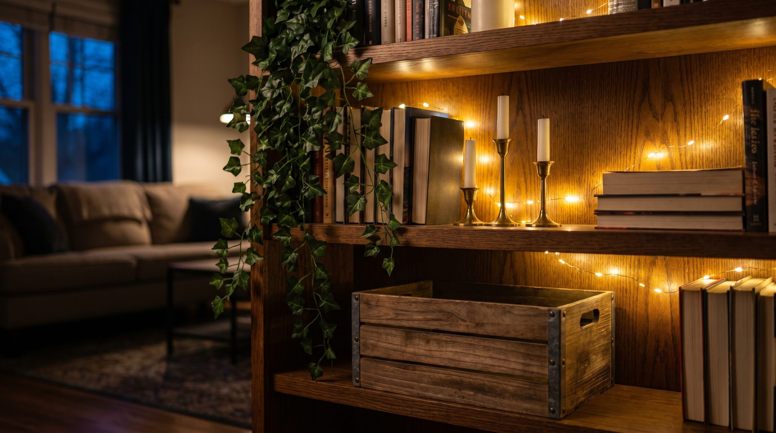 Lower bookshelf at dusk with trailing faux ivy spilling over the edge, three graduated brass candlesticks, a distressed wood storage crate, and warm-white fairy lights glowing behind the objects