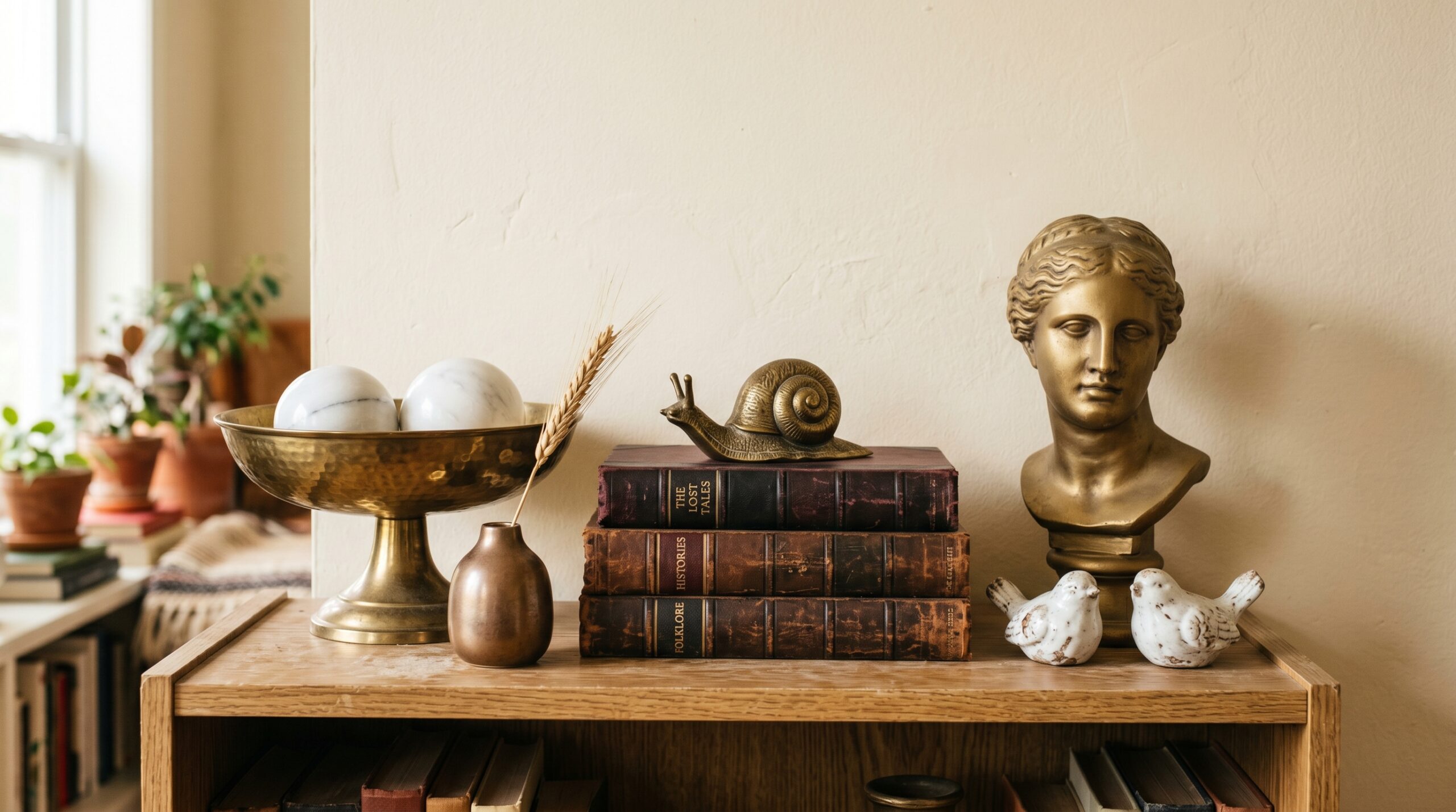 Cluttercore knickknacks shelf vignette with brass snails, ceramic birds, David bust, faux books, brass pedestal bowl with marble spheres, and small ceramic vases