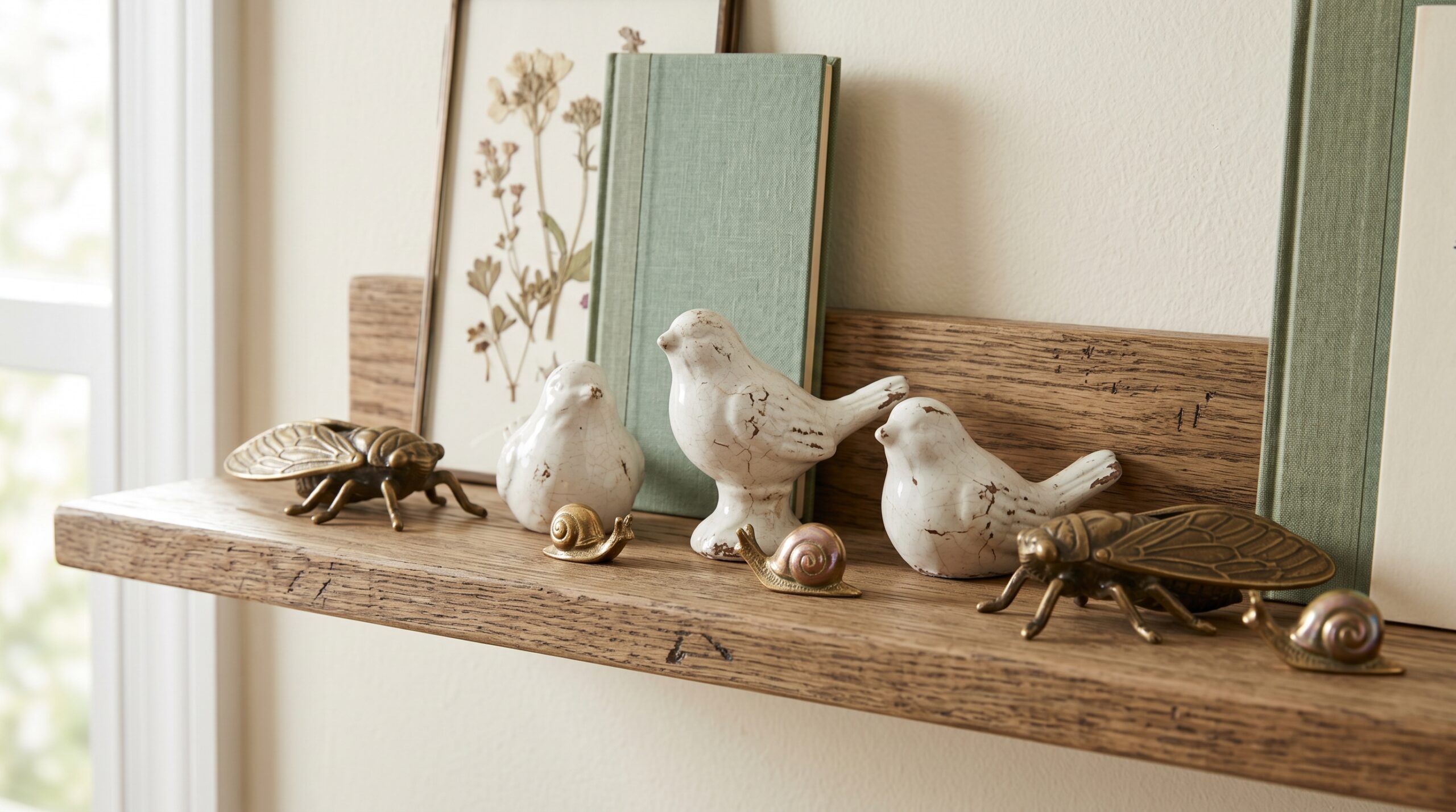 Cluttercore animal and insect figurine shelf vignette featuring brass snails, brass cicada beetles, and distressed ceramic bird figurines on a wood picture ledge