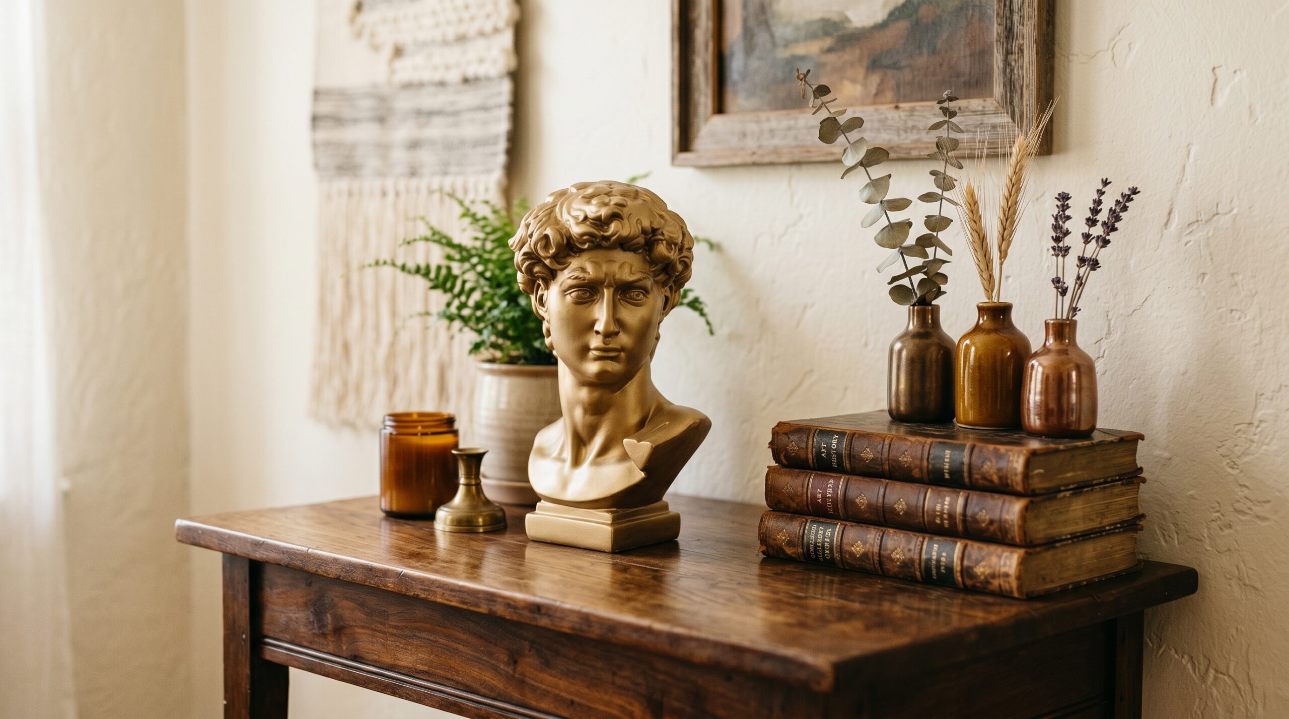 Cluttercore sculptural focal-point console vignette with gold David bust, antique faux book stack, and metallic-brown ceramic bud vases holding dried sprigs
