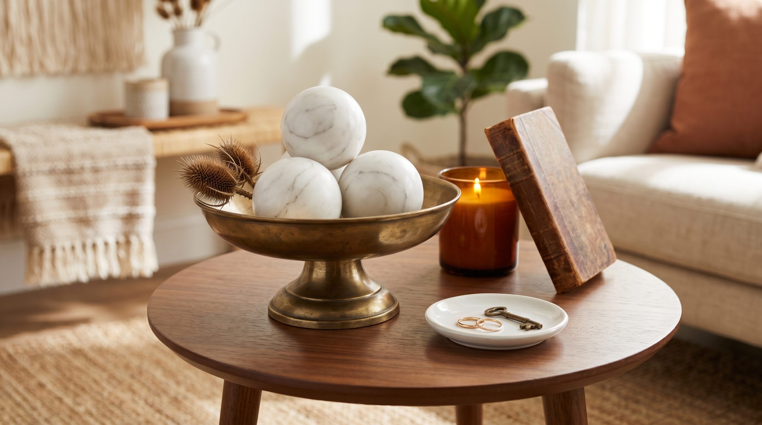 Cluttercore containment layer vignette with antique brass pedestal bowl holding marble spheres and ceramic jewelry trinket dish on a walnut coffee table