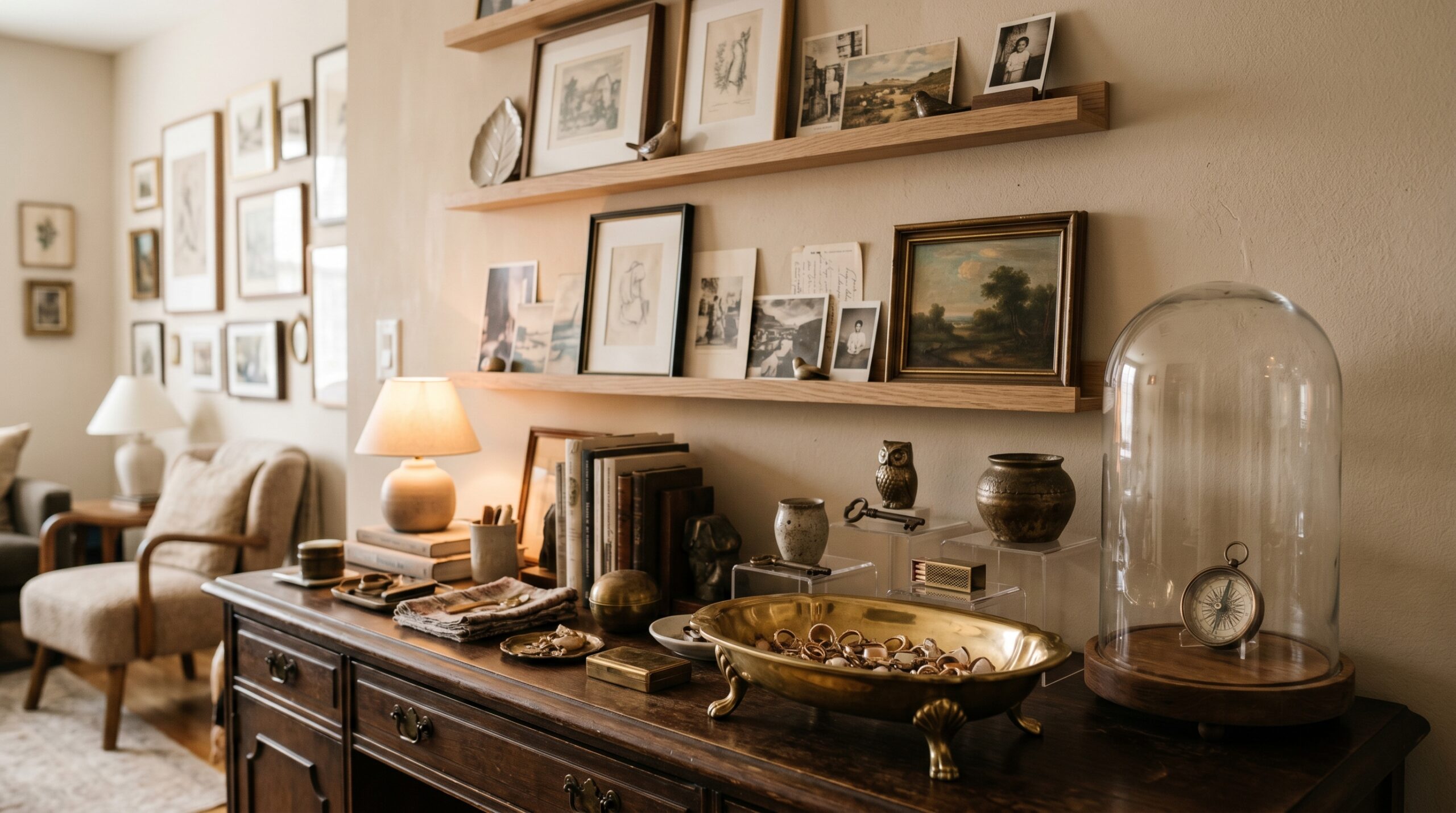 Cluttercore small-apartment vignette with a brass clawfoot trinket dish, a glass bell jar cloche, and wood picture ledges layered with small framed art and curios