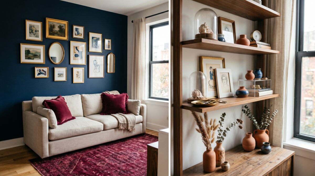 Small apartment corner comparing cluttercore and maximalism: a navy gallery wall with a burgundy rug and velvet pillows beside wood shelves of collected brass dishes, glass cloches, and terracotta vases